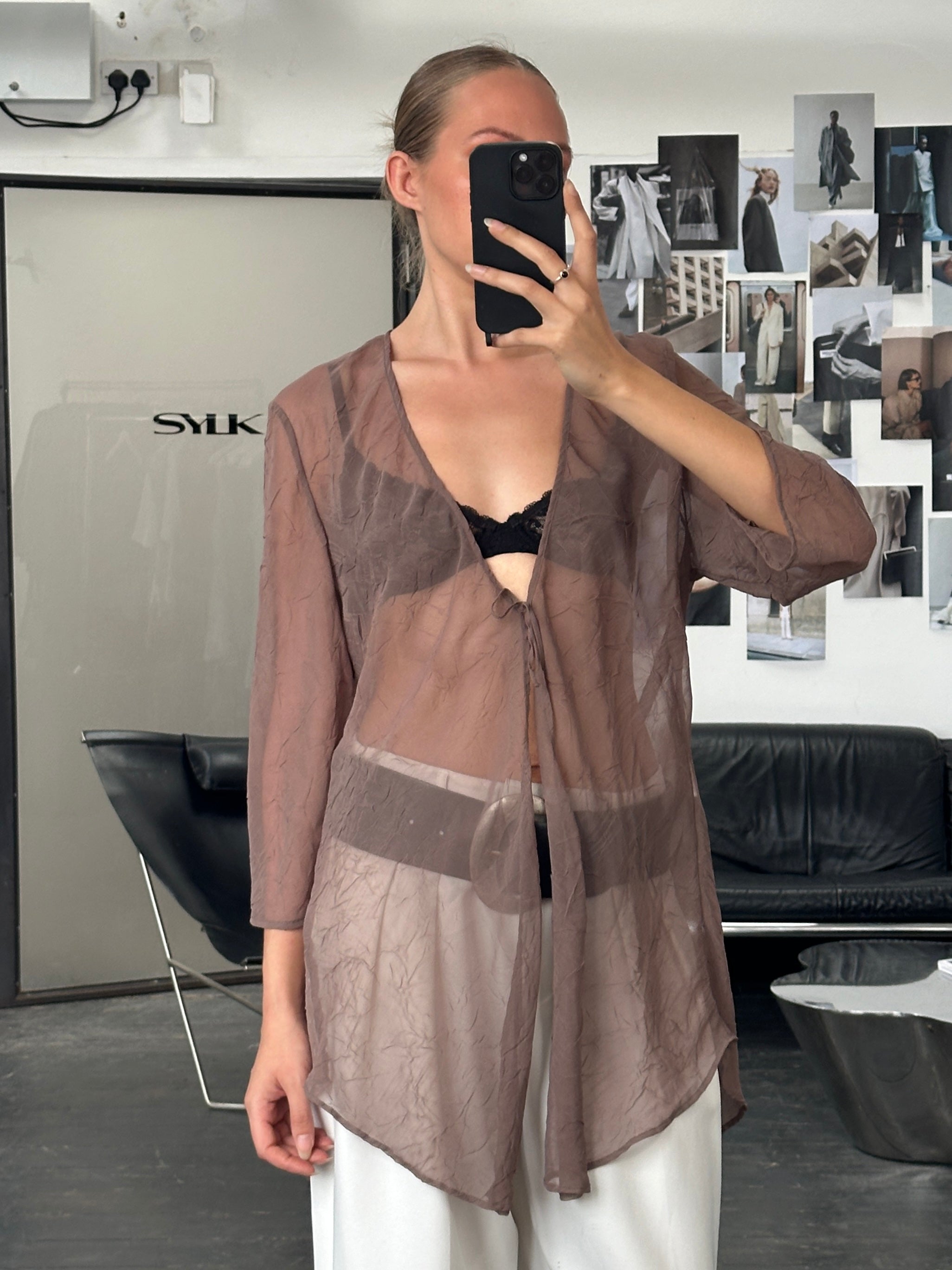Italian vintage 1990s sheer kaftan cardigan in size M, lightweight and flowy with intricate patterns and soft fabric.