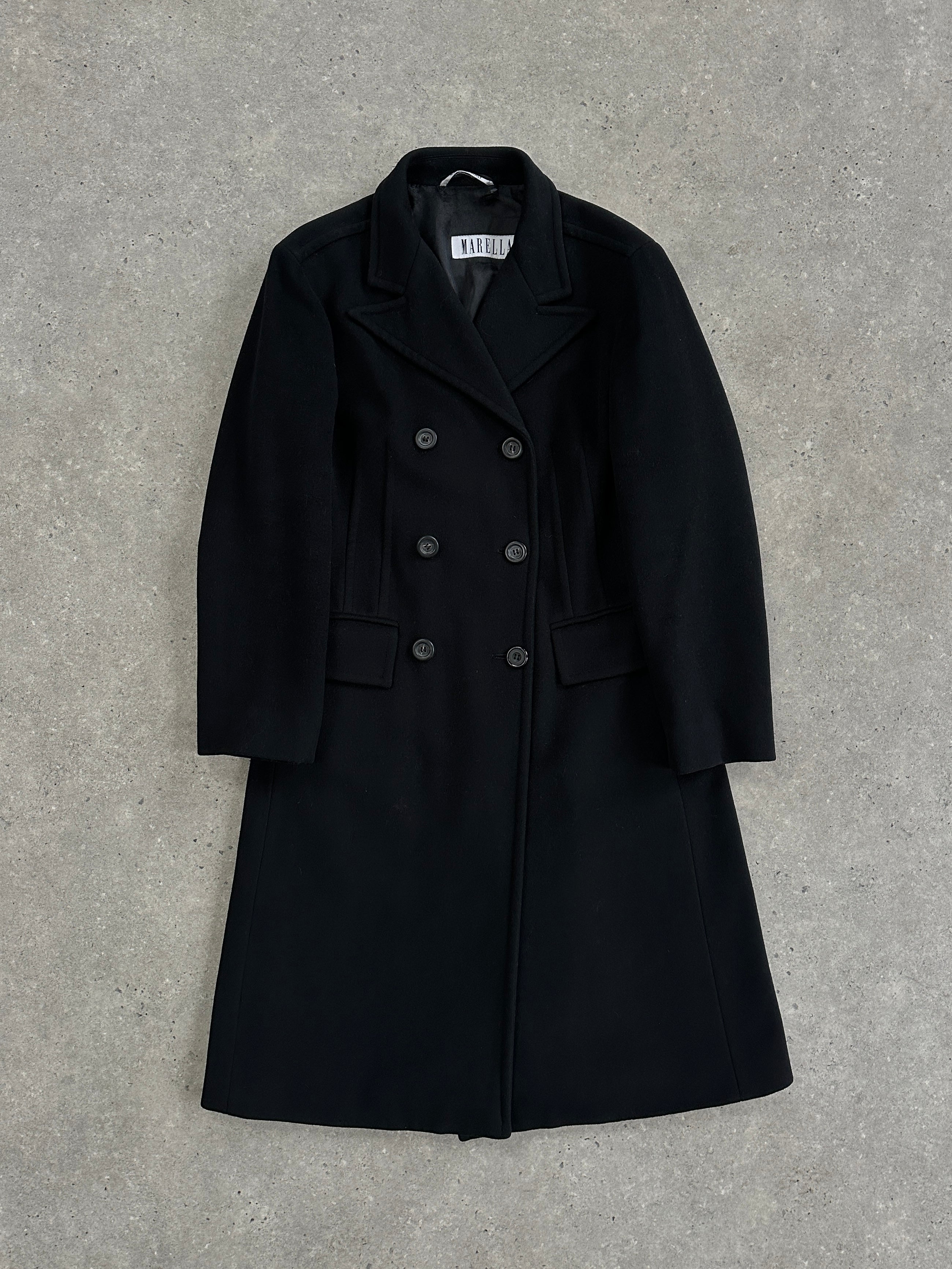 Max Mara Marella Virgin Wool Double Breasted Coat in S/M, beige color, tailored fit, front buttons, and classic collar detail.