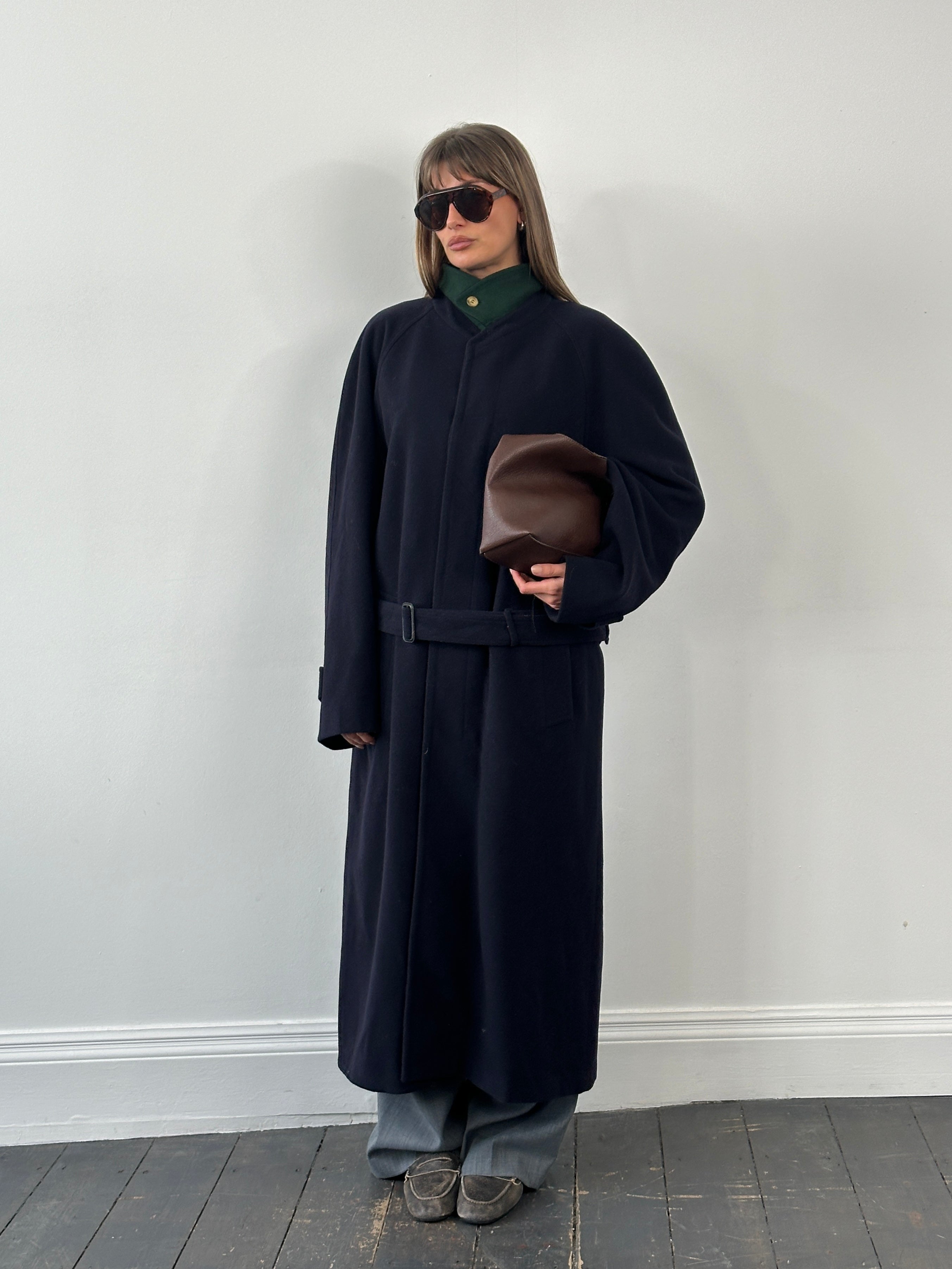Vintage 1990s pure wool high neck belted coat in XXL, showcasing classic design with a tailored fit and belt detail.
