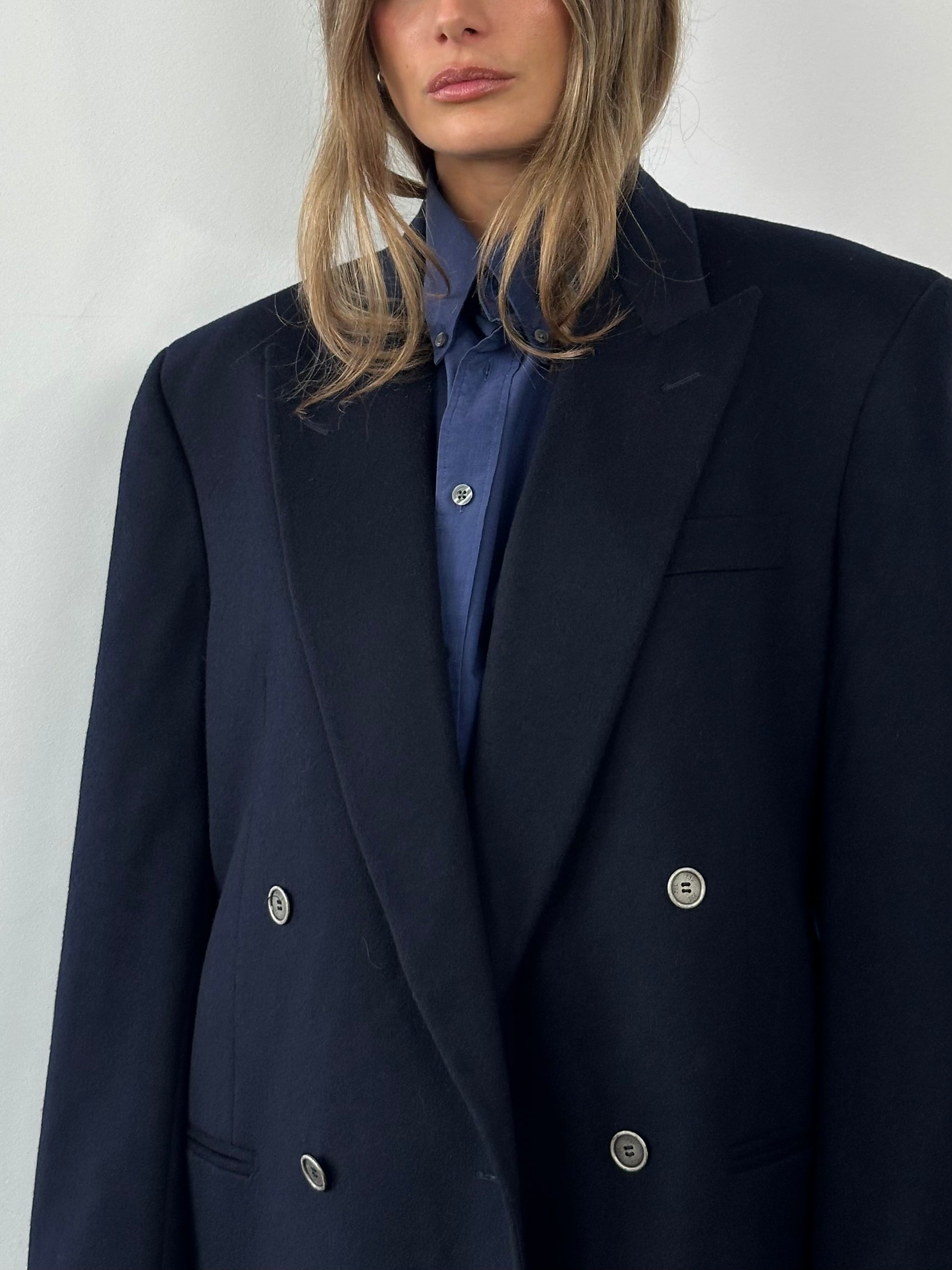 Yves Saint Laurent 80s brushed wool and cashmere blazer in black, tailored fit with logo detailing, size 40R/L, stylish and sophisticated.