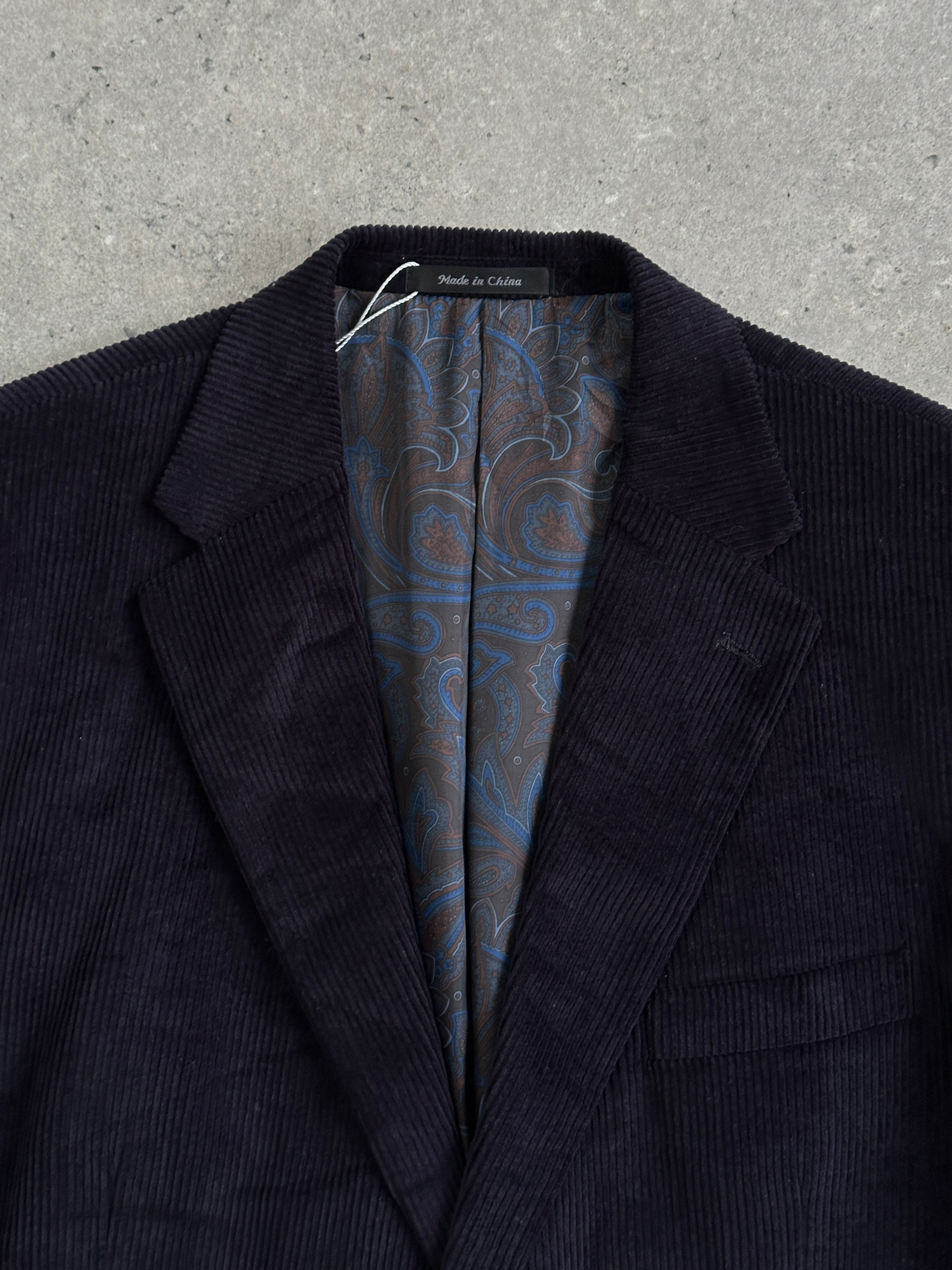 Ralph Lauren men's 1990s navy corduroy single-breasted blazer, size 44R/XL, tailored fit with classic lapel and button closure.