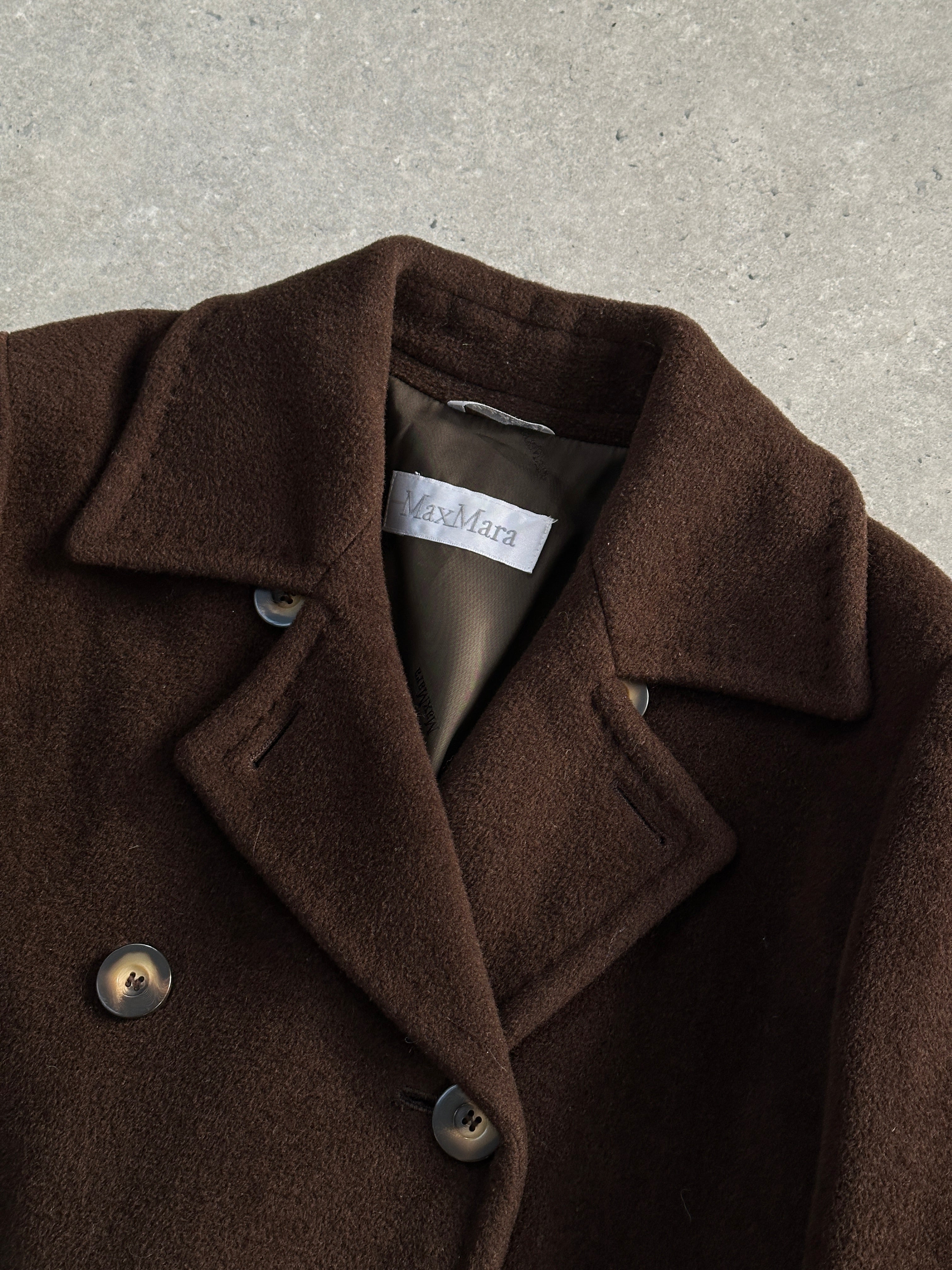 Max Mara wool and cashmere double-breasted floor-length coat in size L, stylish and warm with classic design.
