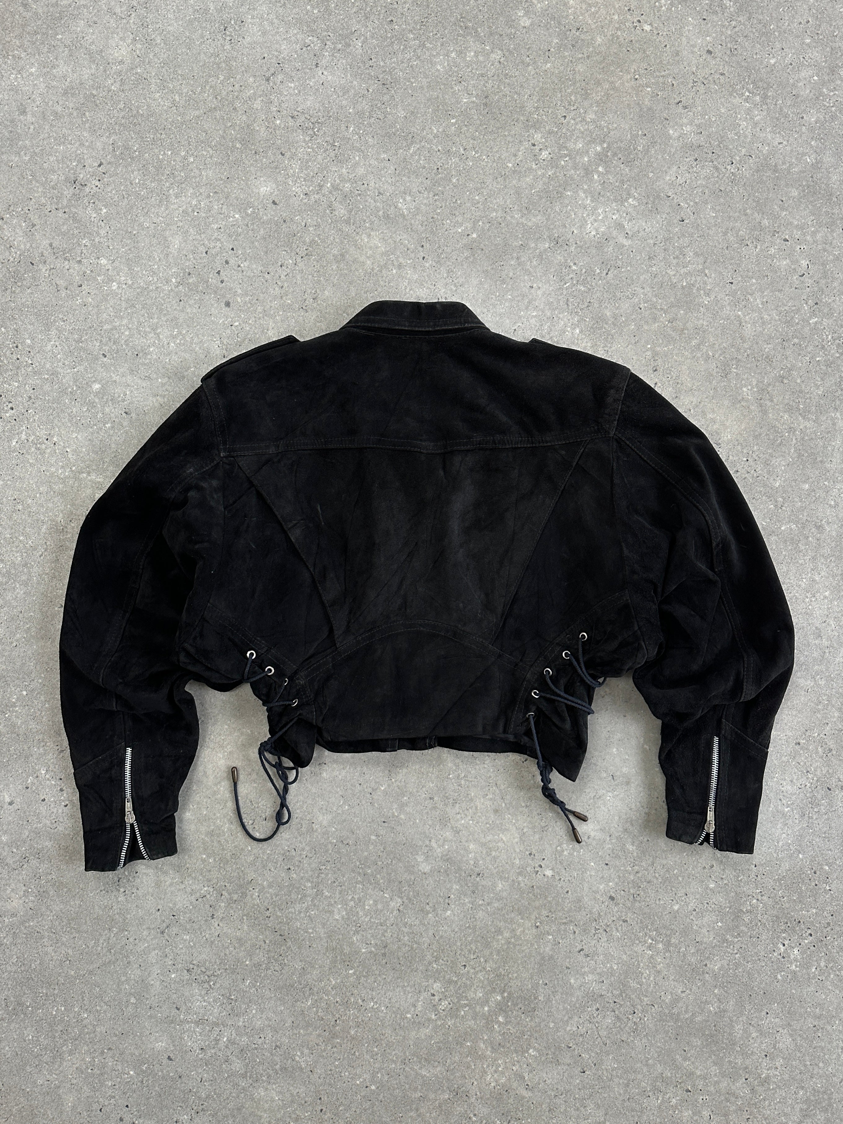 Vintage 1980s French suede cropped biker leather jacket, S/M, featuring classic distressed suede and rugged style.