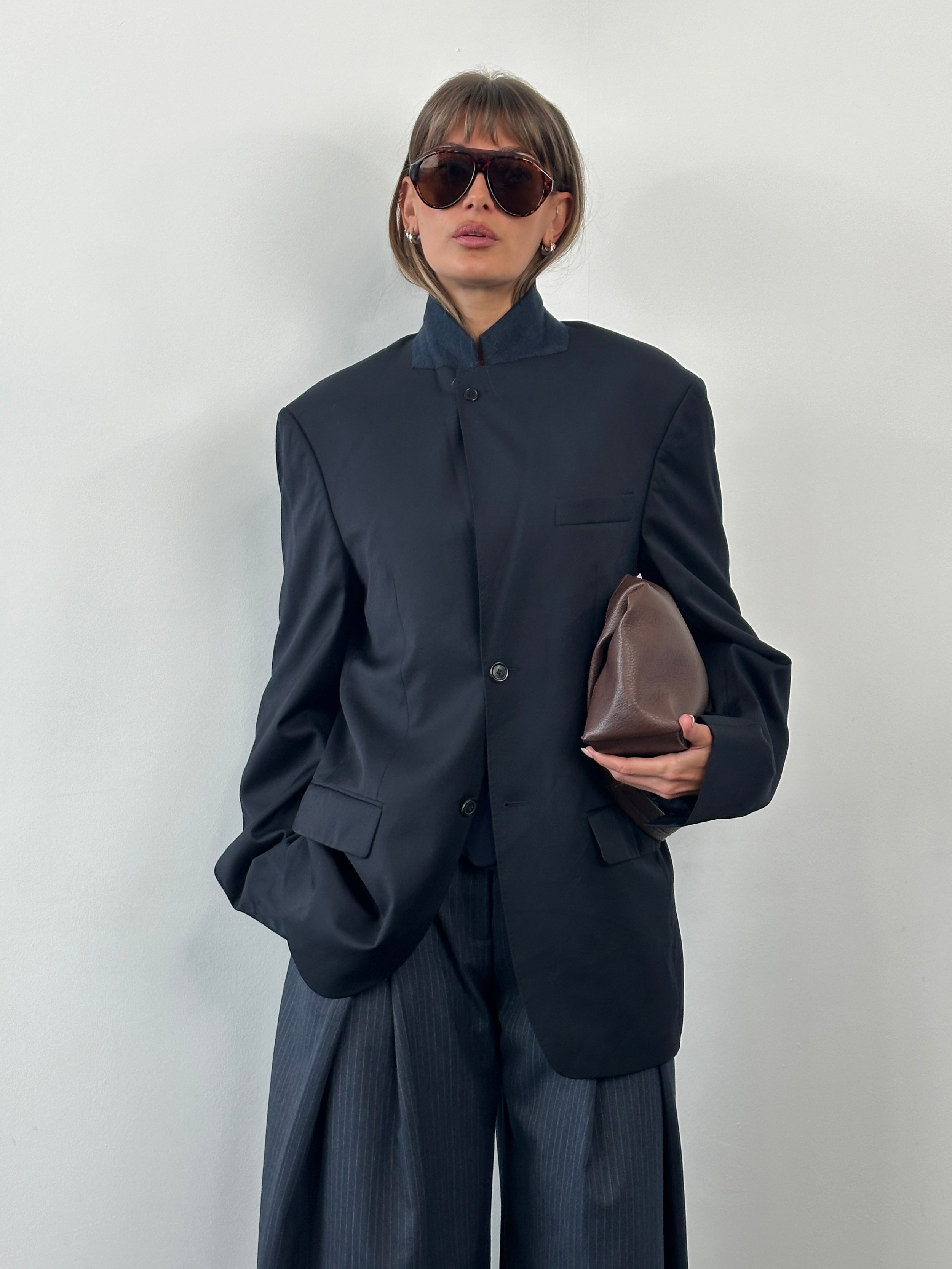 Loro Piana Rene Lezard 2000s high-neck wool blazer, single-breasted, in size 40L, showcasing a tailored fit and luxurious fabric.