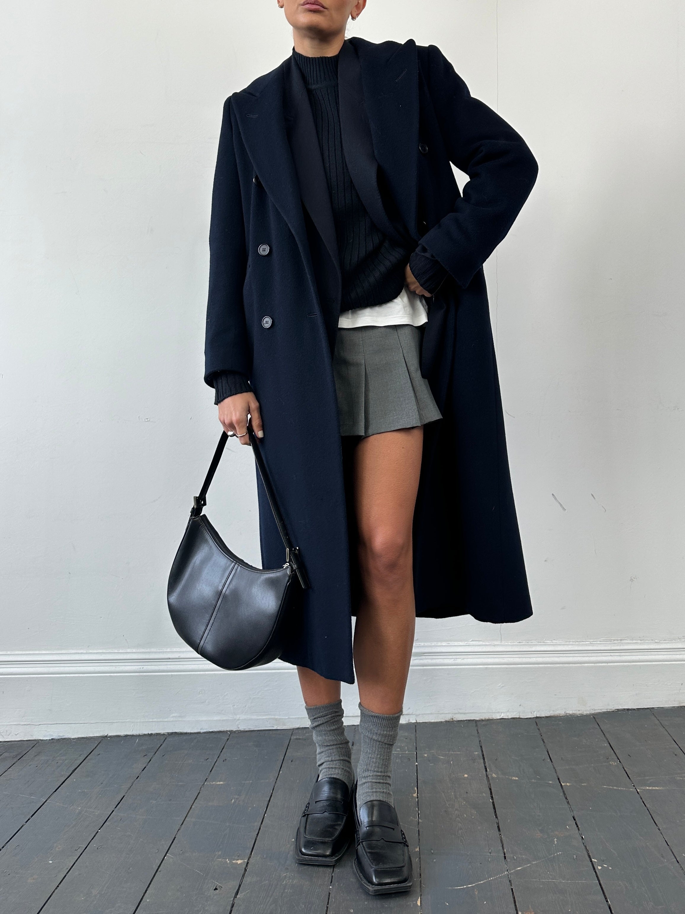 Vintage wool and cashmere double-breasted coat in size S, featuring classic design and textured fabric.