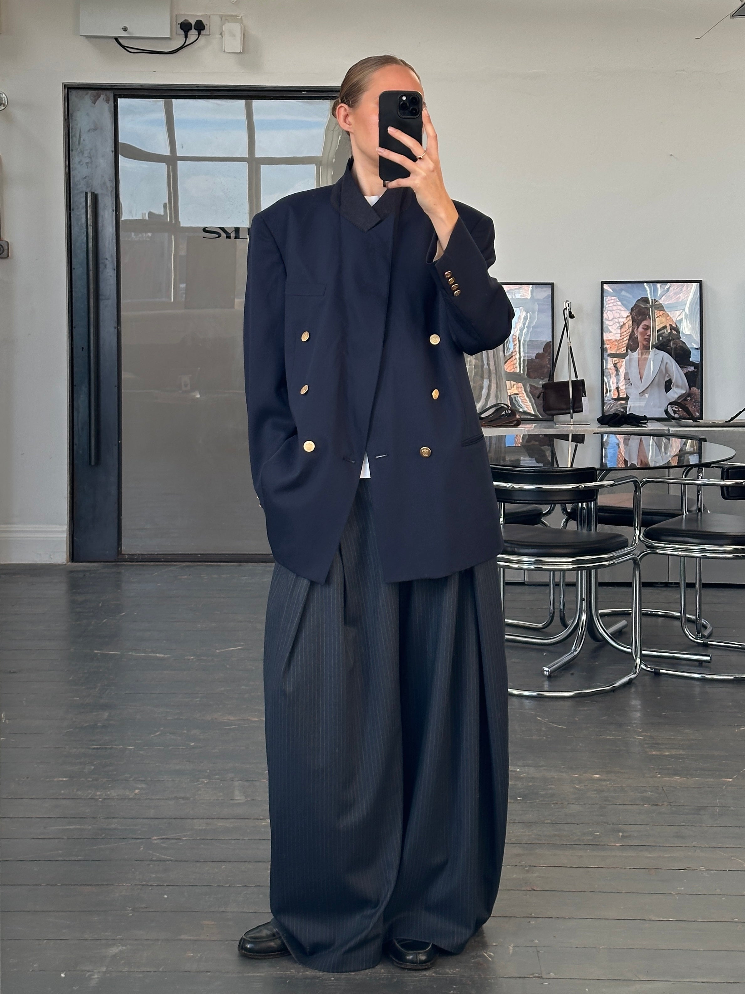 Christian Dior Monsieur 1980s bespoke double-breasted blazer in size 44R/XL, tailored fit, dark fabric with classic lapels.