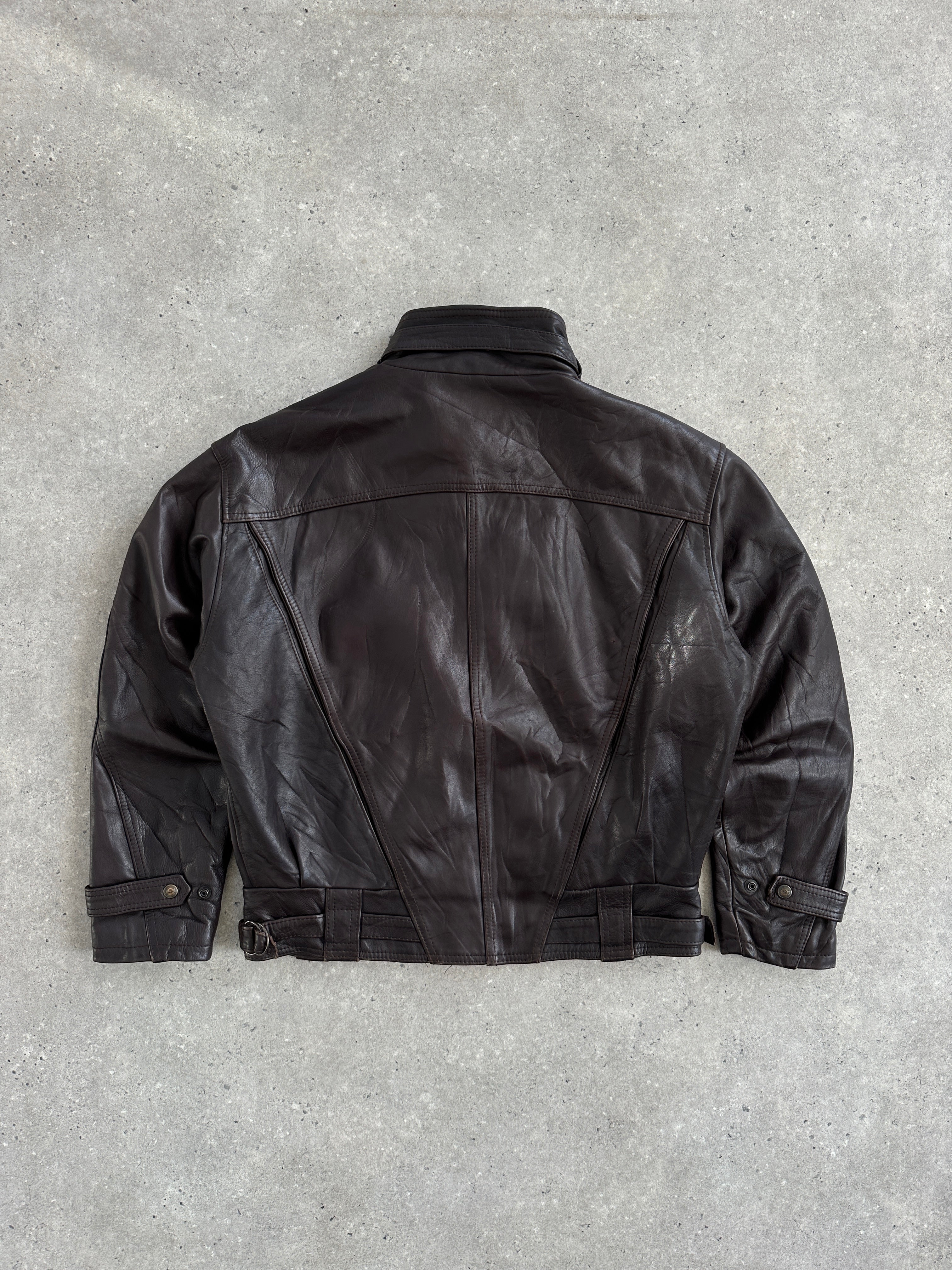 Vintage French 1980s high neck leather bomber jacket, size large, with classic design and textured leather details.