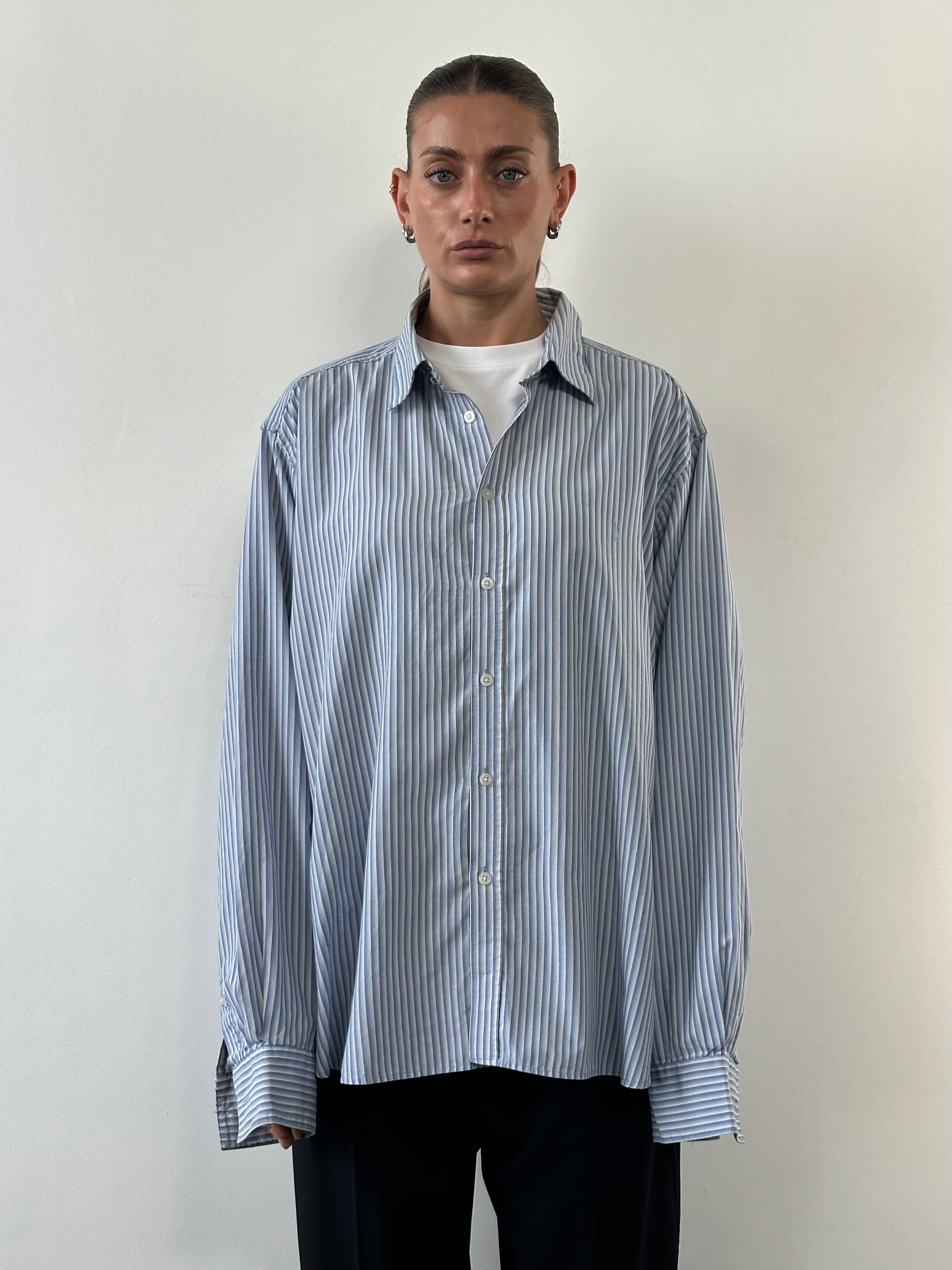 Yves Saint Laurent Pour Homme stripe cotton logo shirt in XXL, featuring a classic striped pattern and YSL branding on the chest.