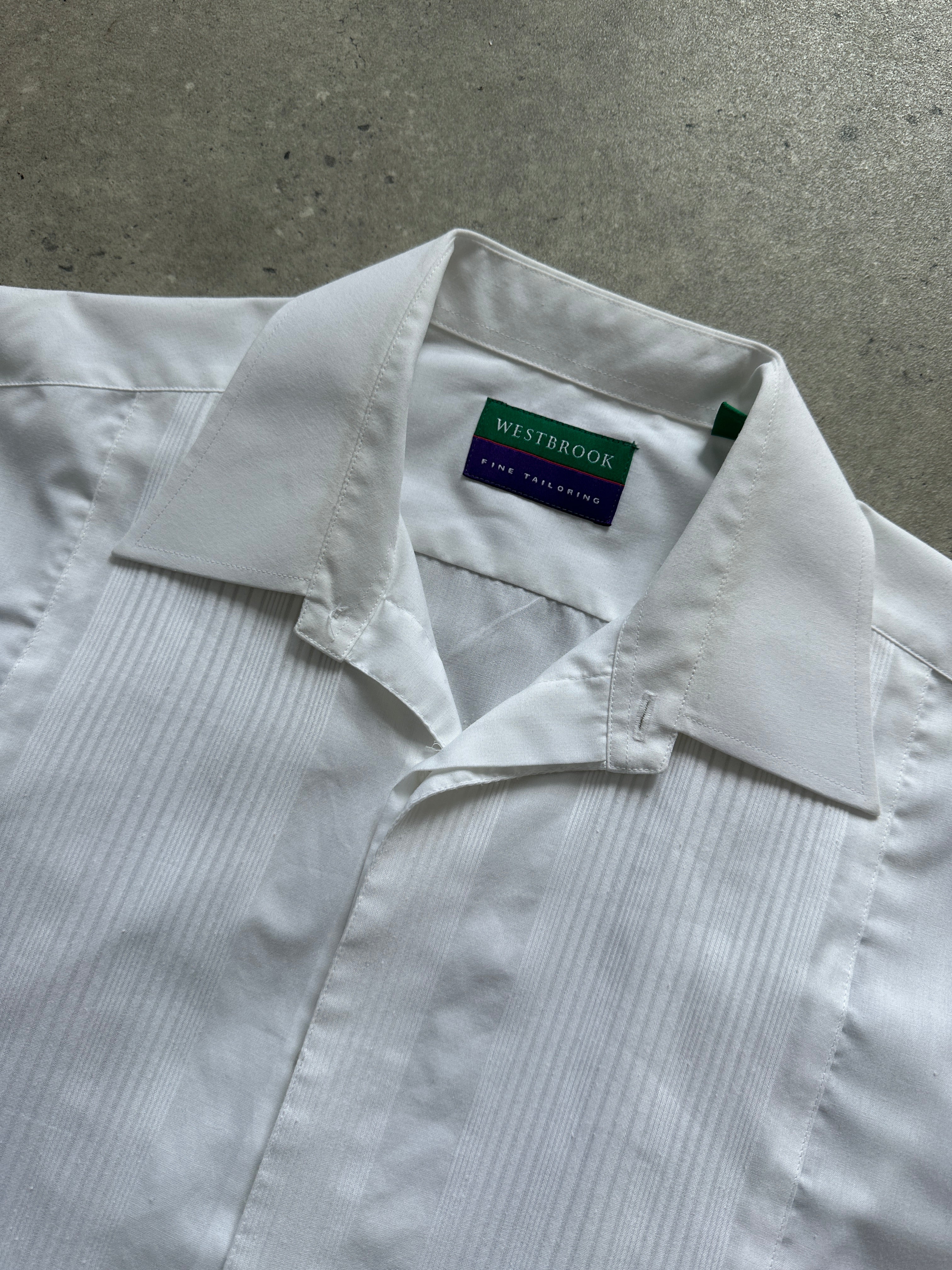 Vintage cotton pleated tuxedo dress shirt in XL, featuring classic design, button front, and pleated details for formal wear.
