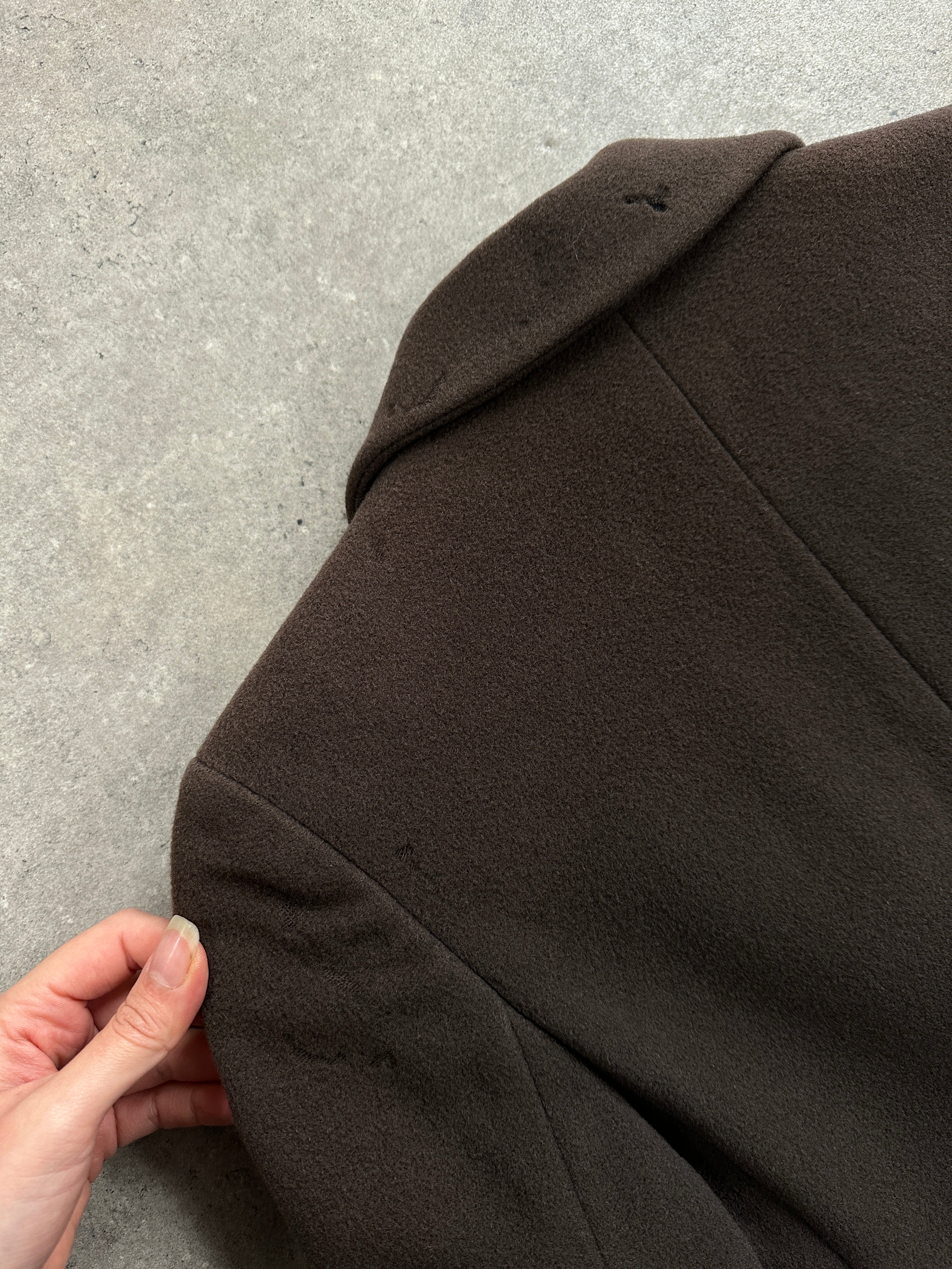 Emporio Armani 1990s pure virgin wool single button coat in XS/S, stylish dark-colored coat with classic collar and button closure.