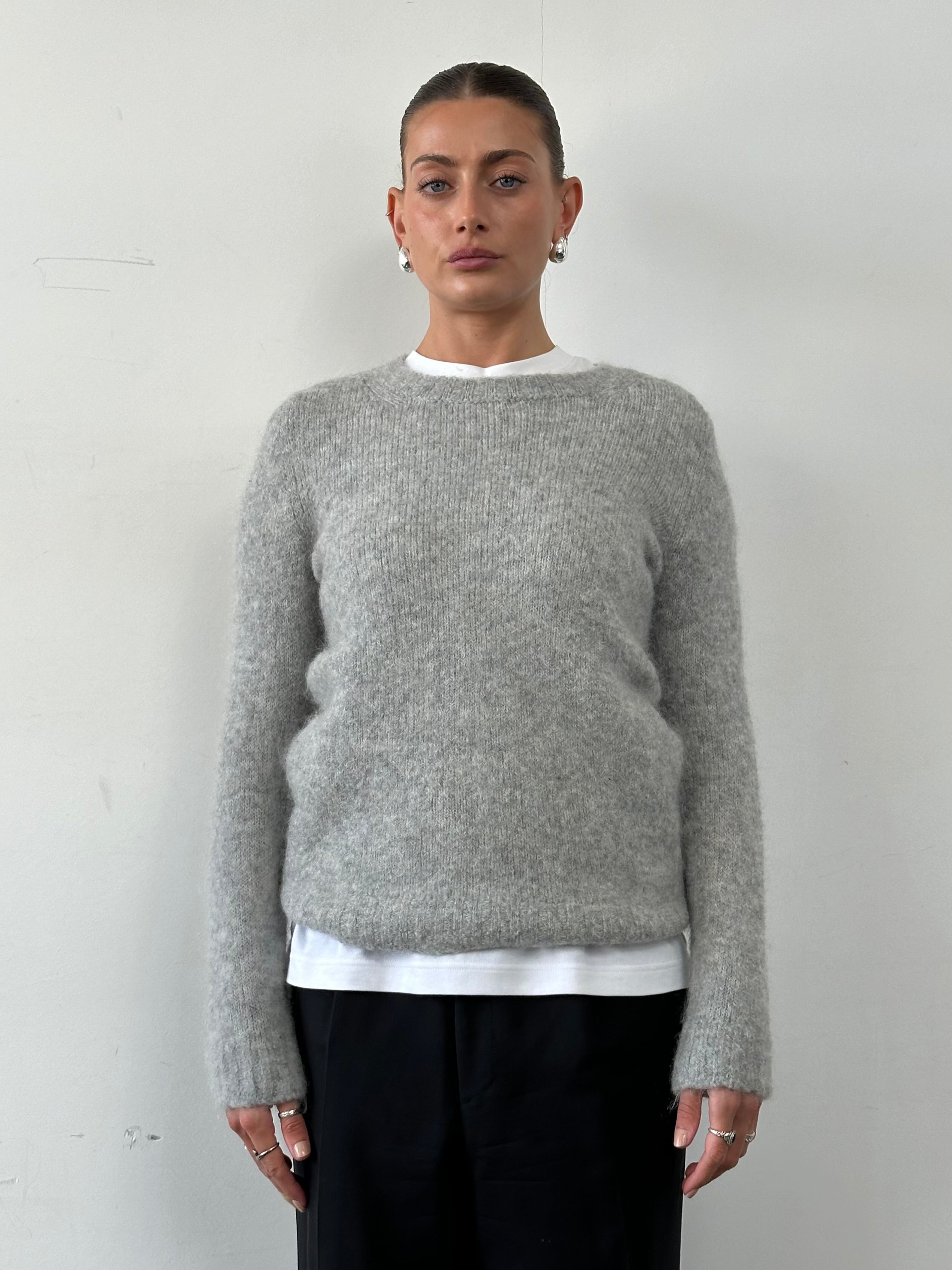 Max Mara Weekend mohair wool knit jumper in soft beige, featuring a relaxed fit and classic crew neckline.