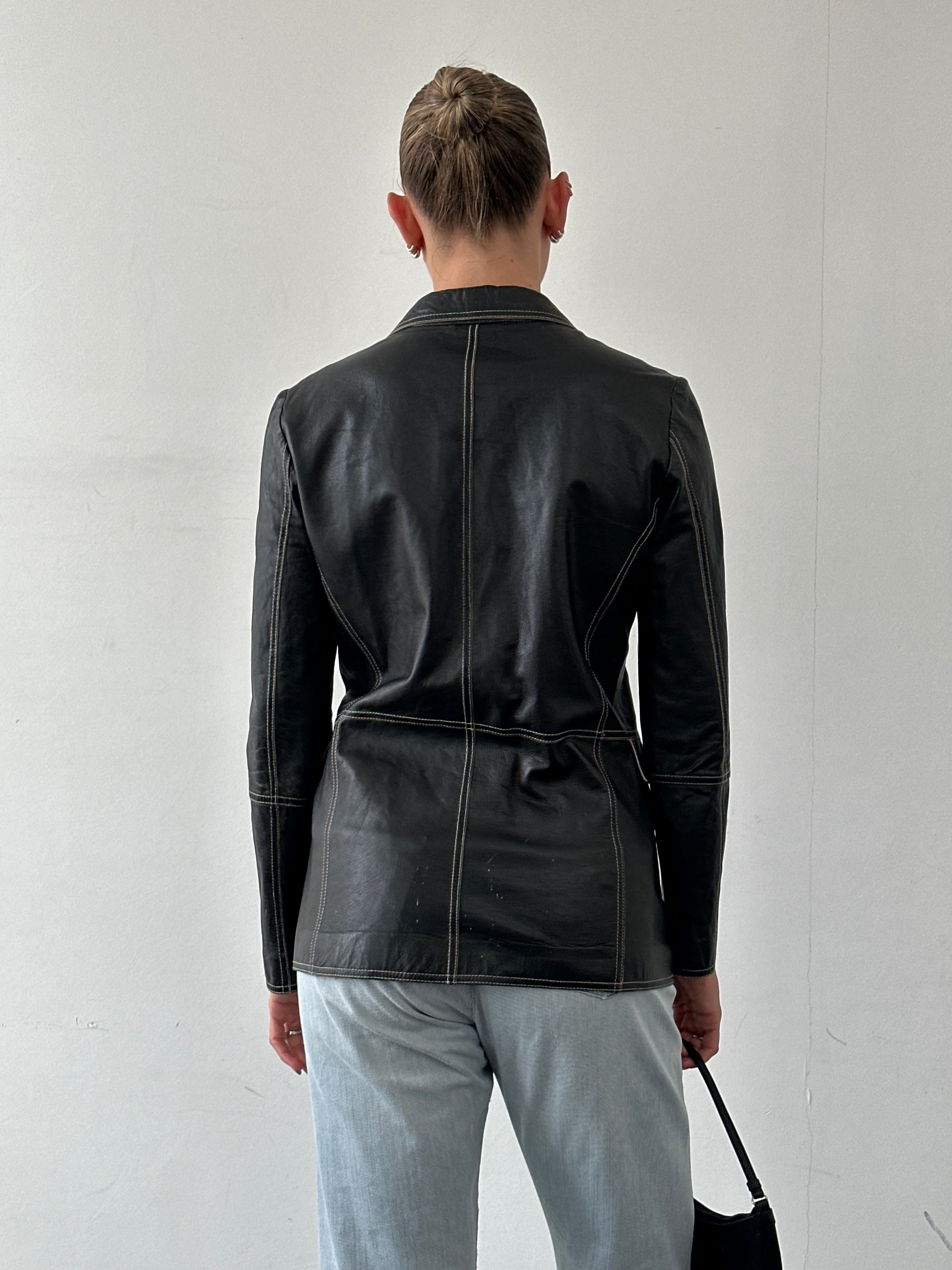 Marella contrast stitch leather jacket in size S, featuring a stylish design with detailed stitching and a tailored fit.