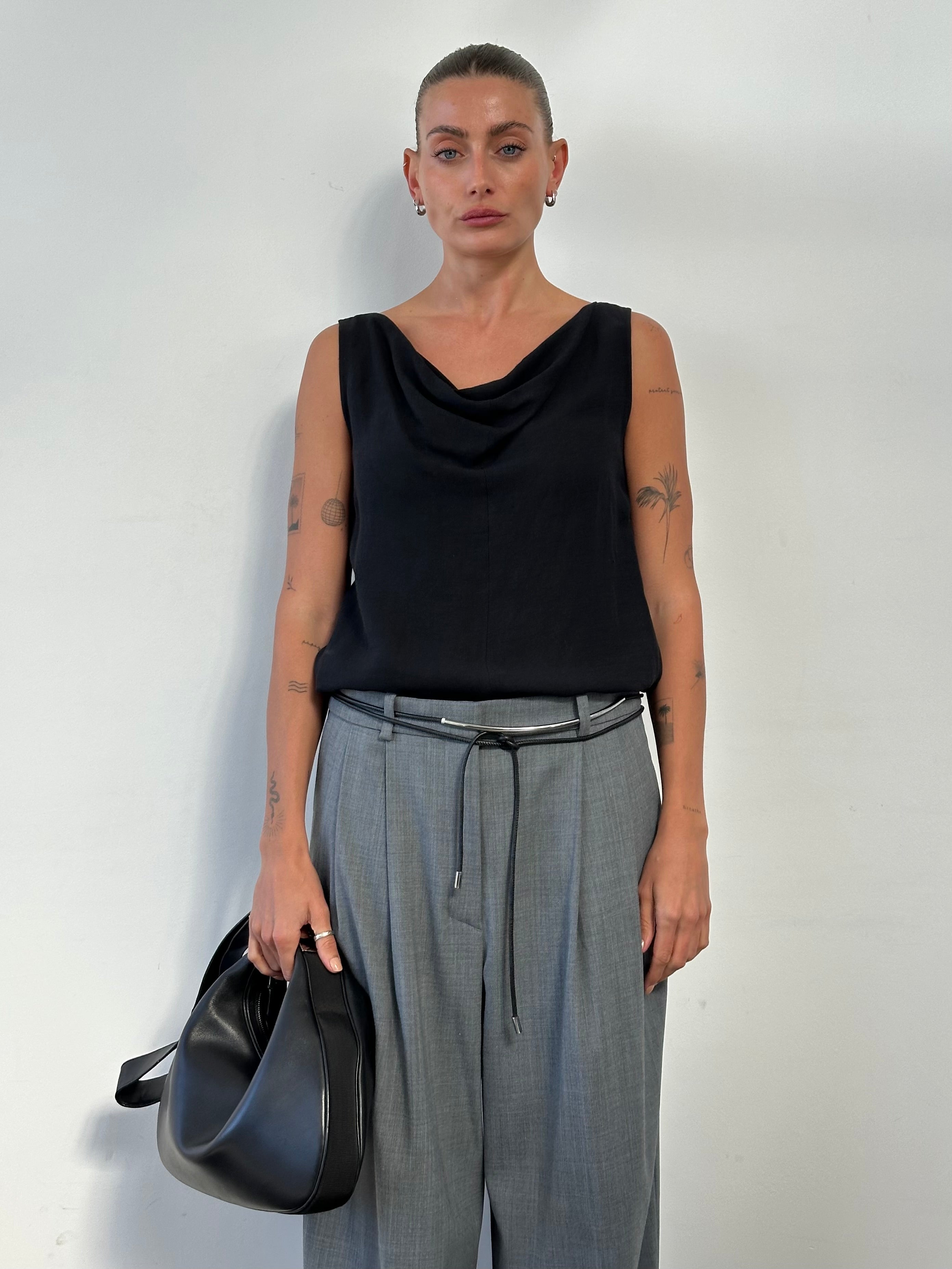 Max Mara linen sleeveless tank top with cowl neck in light fabric, size M, styled on a neutral background.