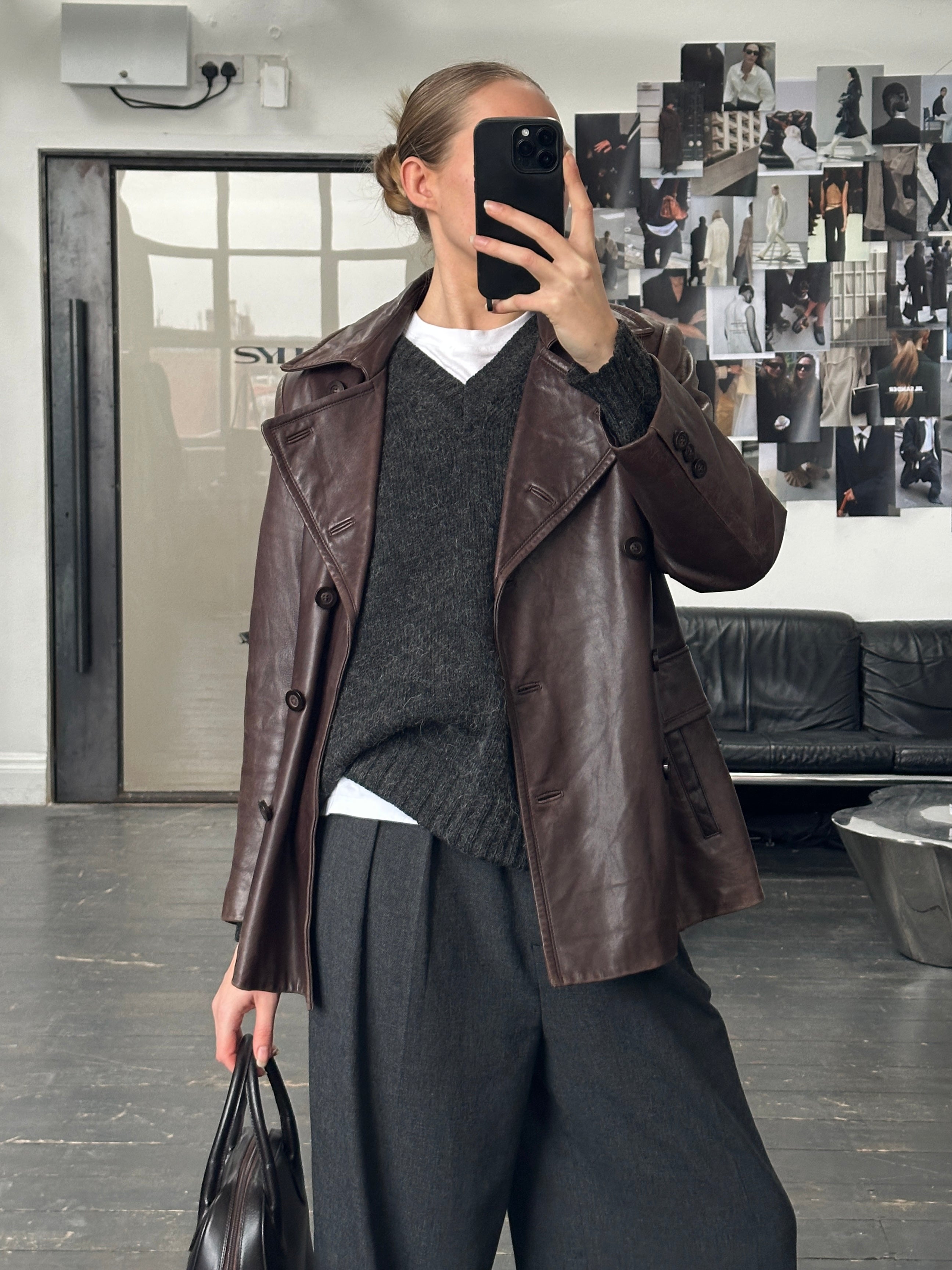 Vintage 1990s double-breasted lamb leather jacket, size M, showcasing classic style and textured leather details.