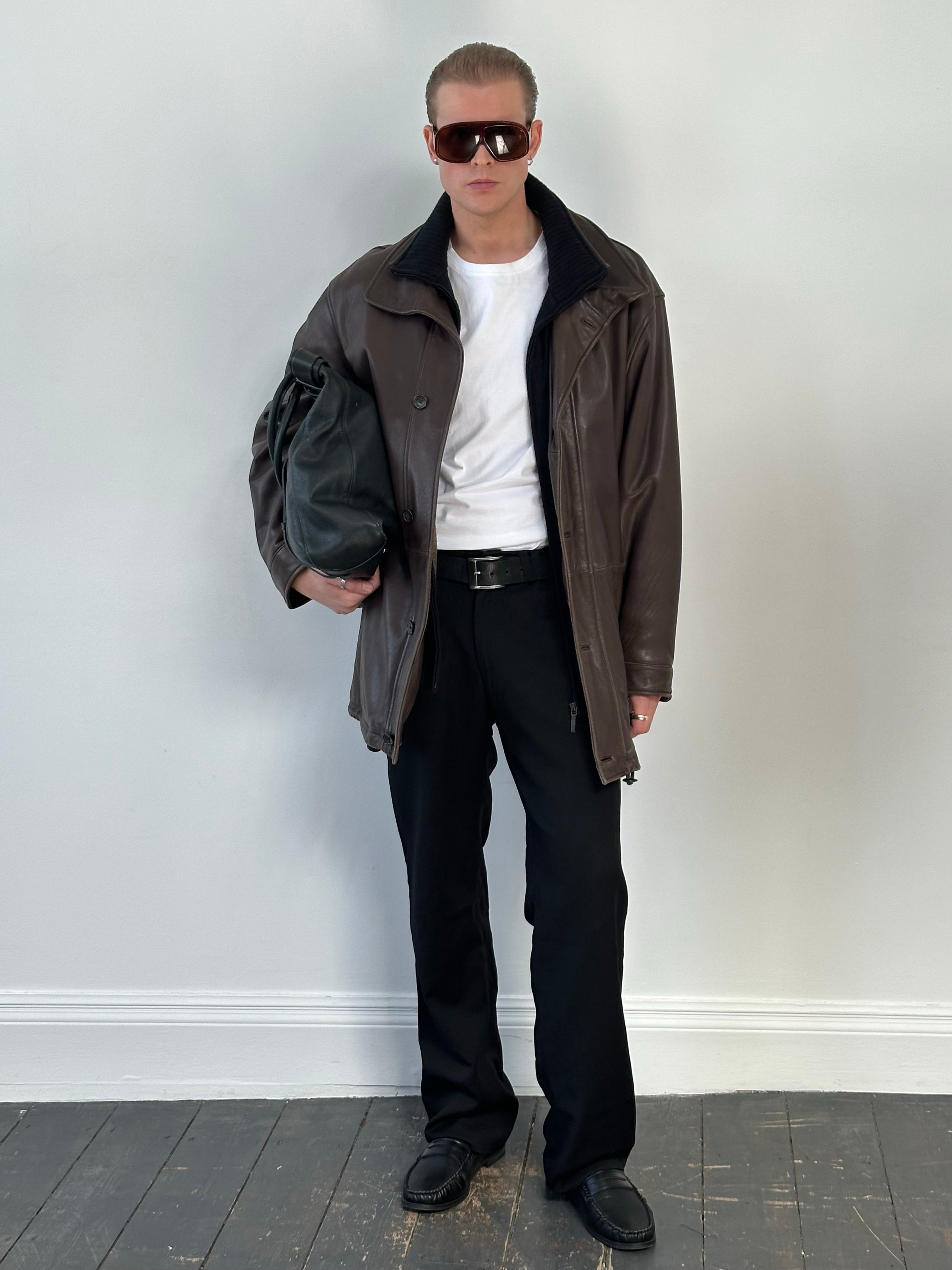Vintage 1990s Leather Funnel Neck Jacket - XL