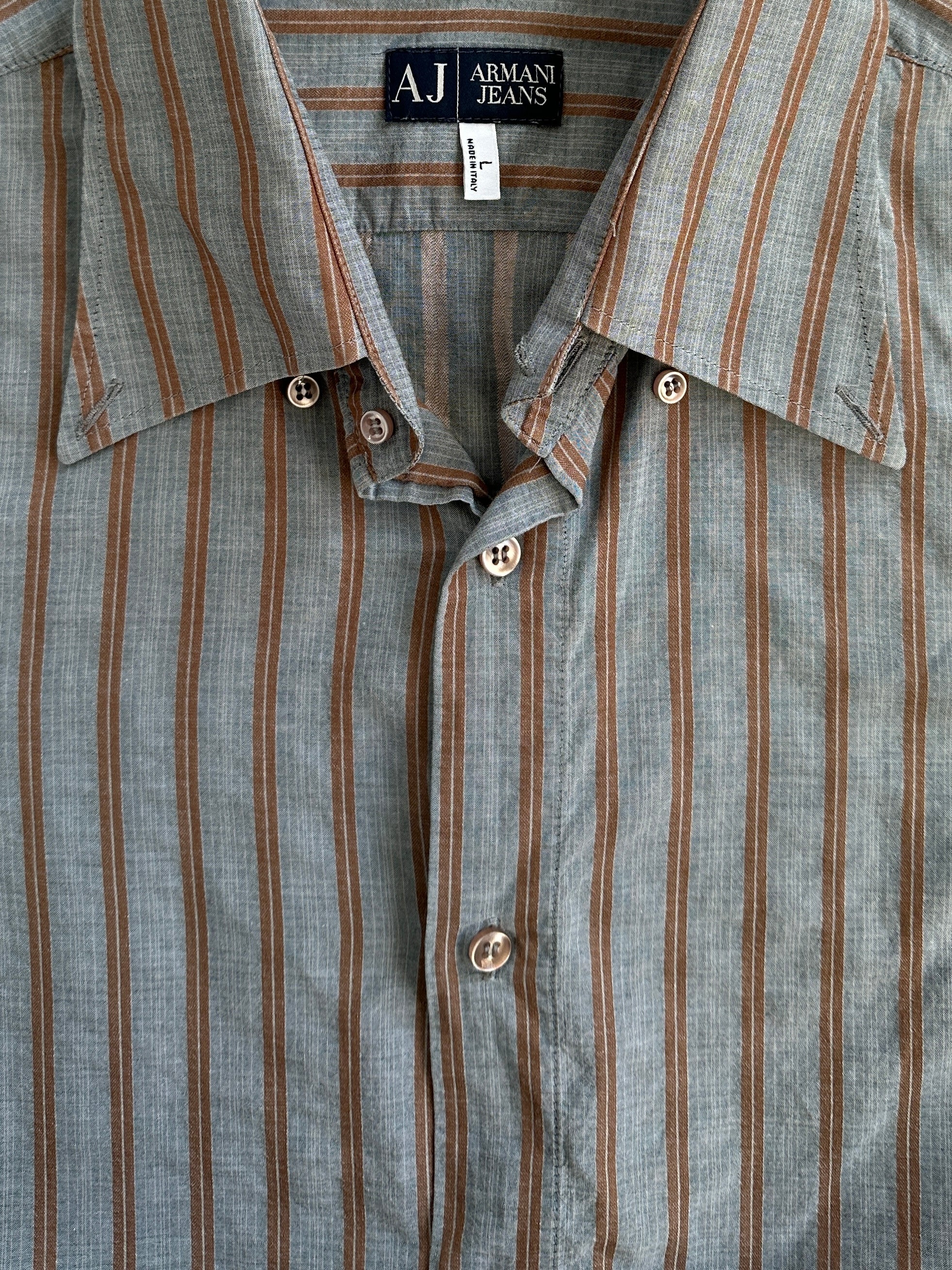 Armani Jeans men's stripe cotton logo shirt in size L, featuring a classic design with the Armani logo and button-front closure.