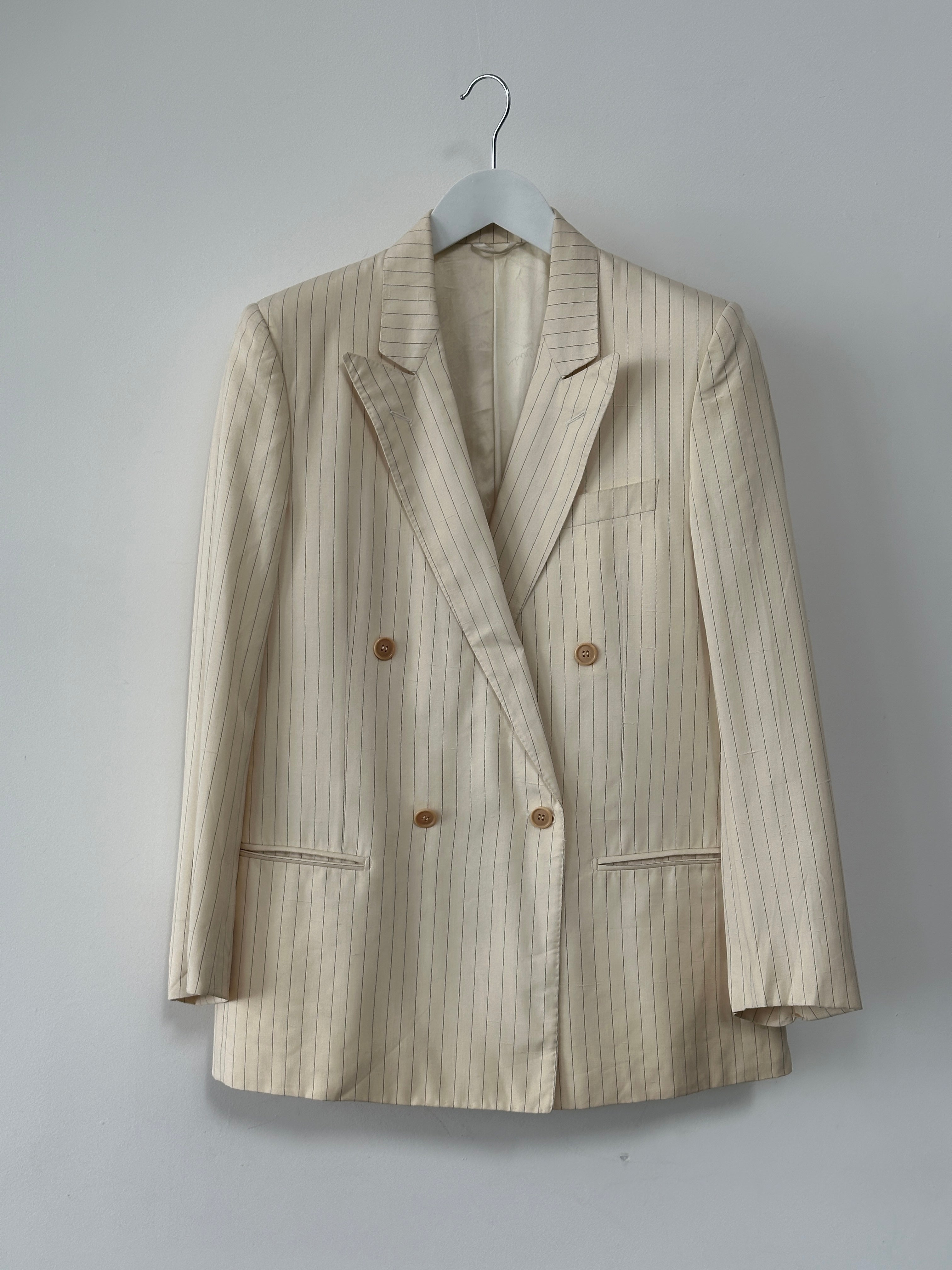 Pierre Cardin pure silk stripe double-breasted blazer, size 36R/S, showing the tailored fit and stylish design of the blazer.