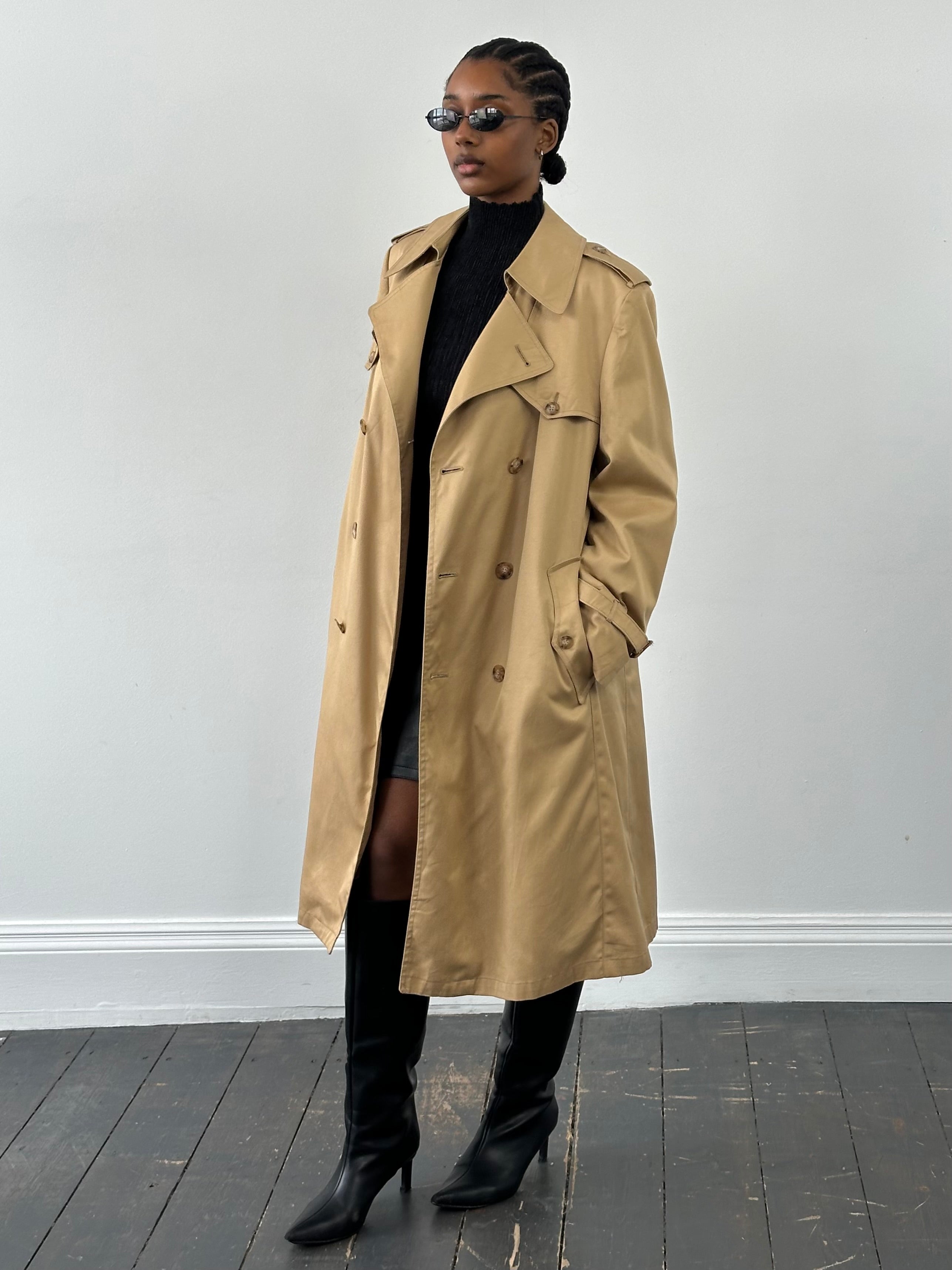 Christian Dior Paris 1980s cotton double-breasted trench coat, women’s large size, stylish vintage outerwear displayed on hanger.