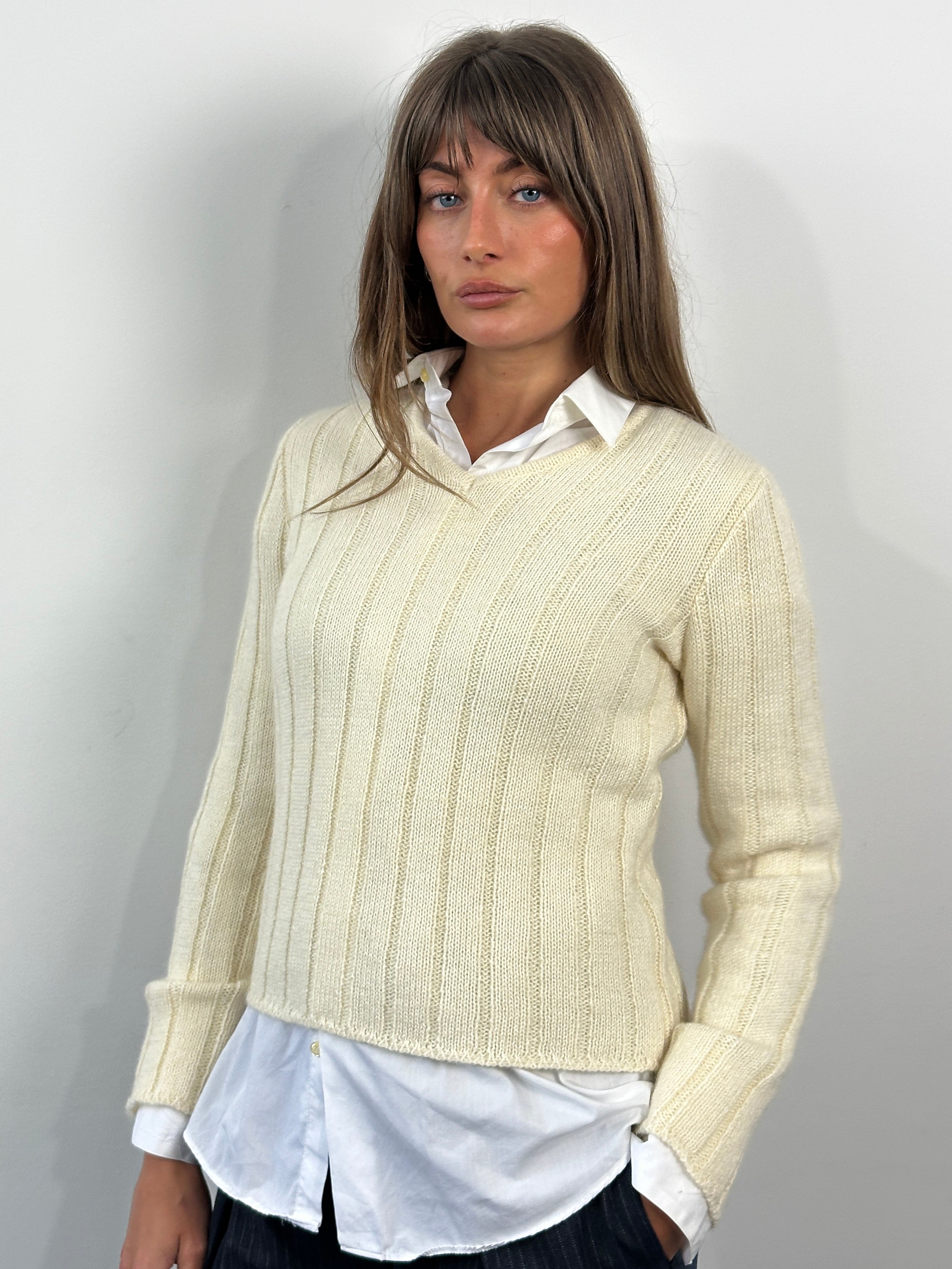 Valentino 1990s wool mohair V-neck knitted jumper in size S, featuring a cozy, textured knit design and classic style.