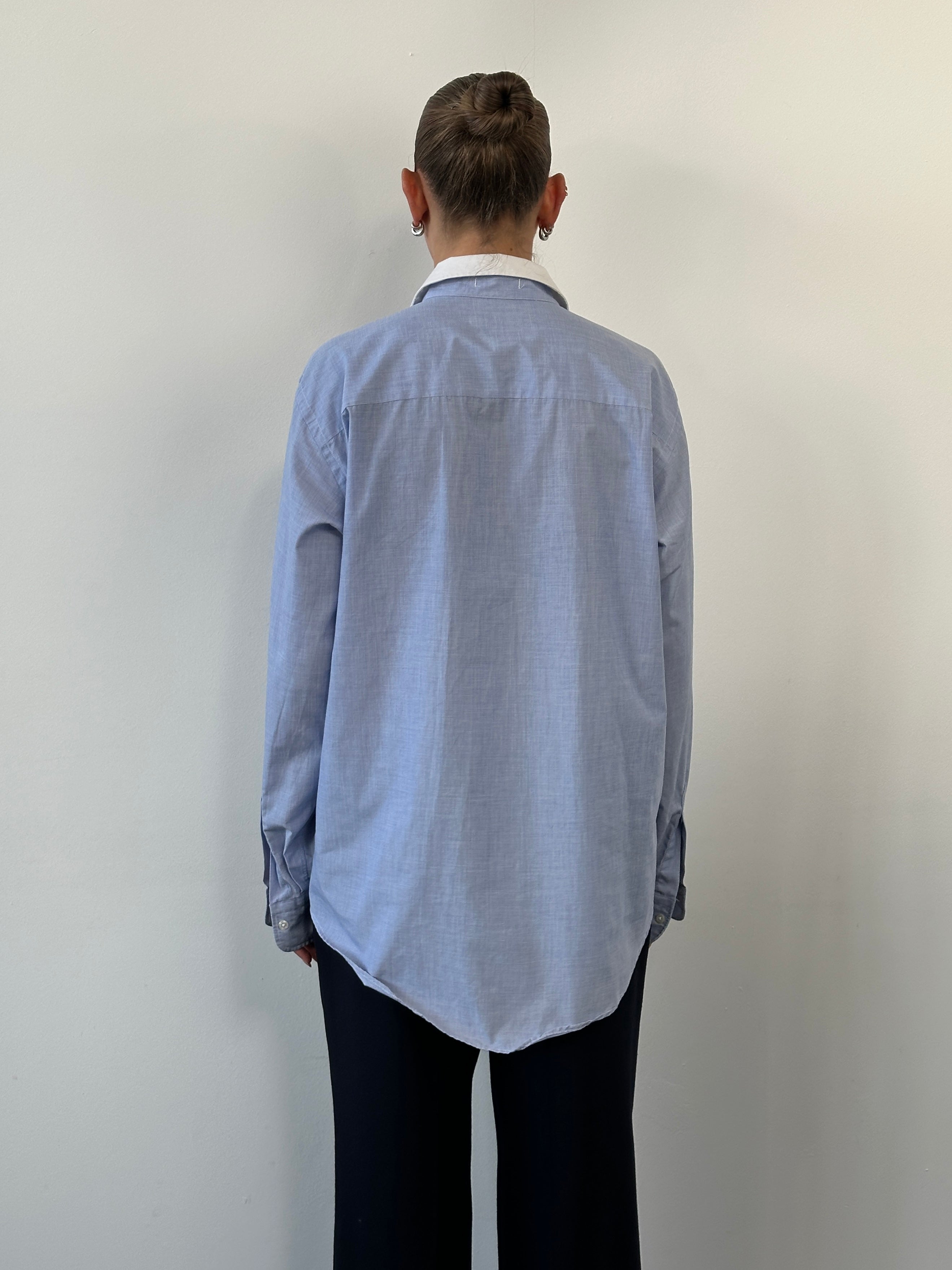Christian Dior 1980s cotton shirt with contrasting collar, long sleeves, and classic design, size L.