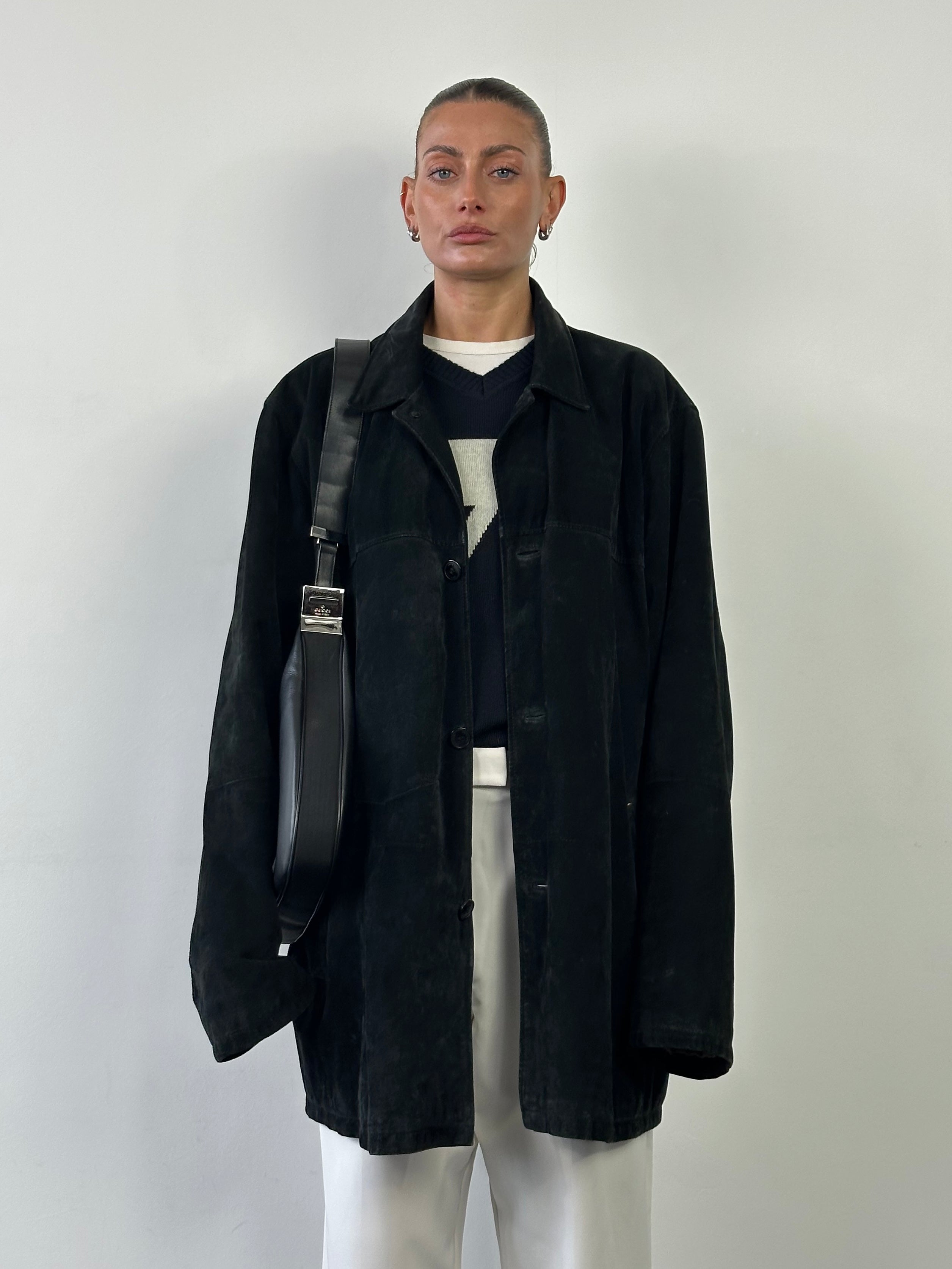 Pierre Cardin suede leather jacket in 3XL, shown on a hanger with close-up of soft suede texture and stylish design details.