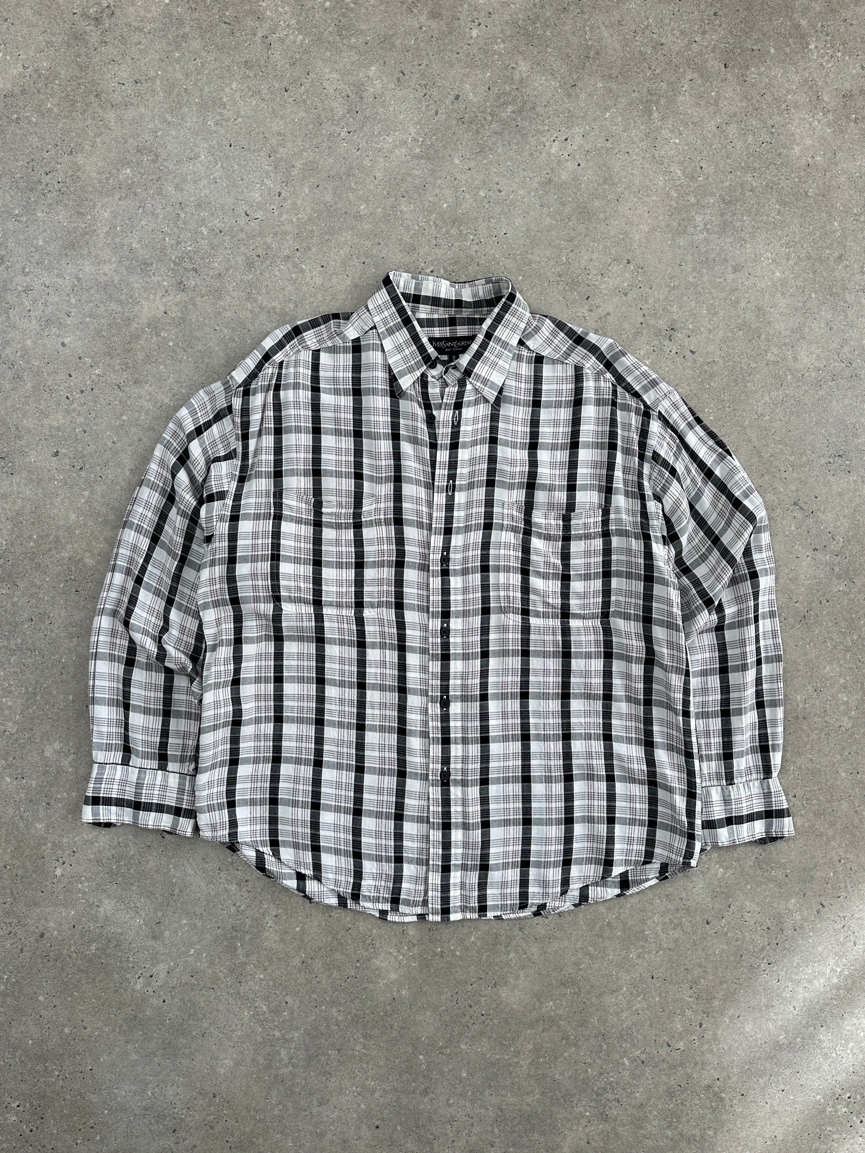 Yves Saint Laurent men's check shirt from the 1990s, size large, with a classic plaid pattern and button-up front.