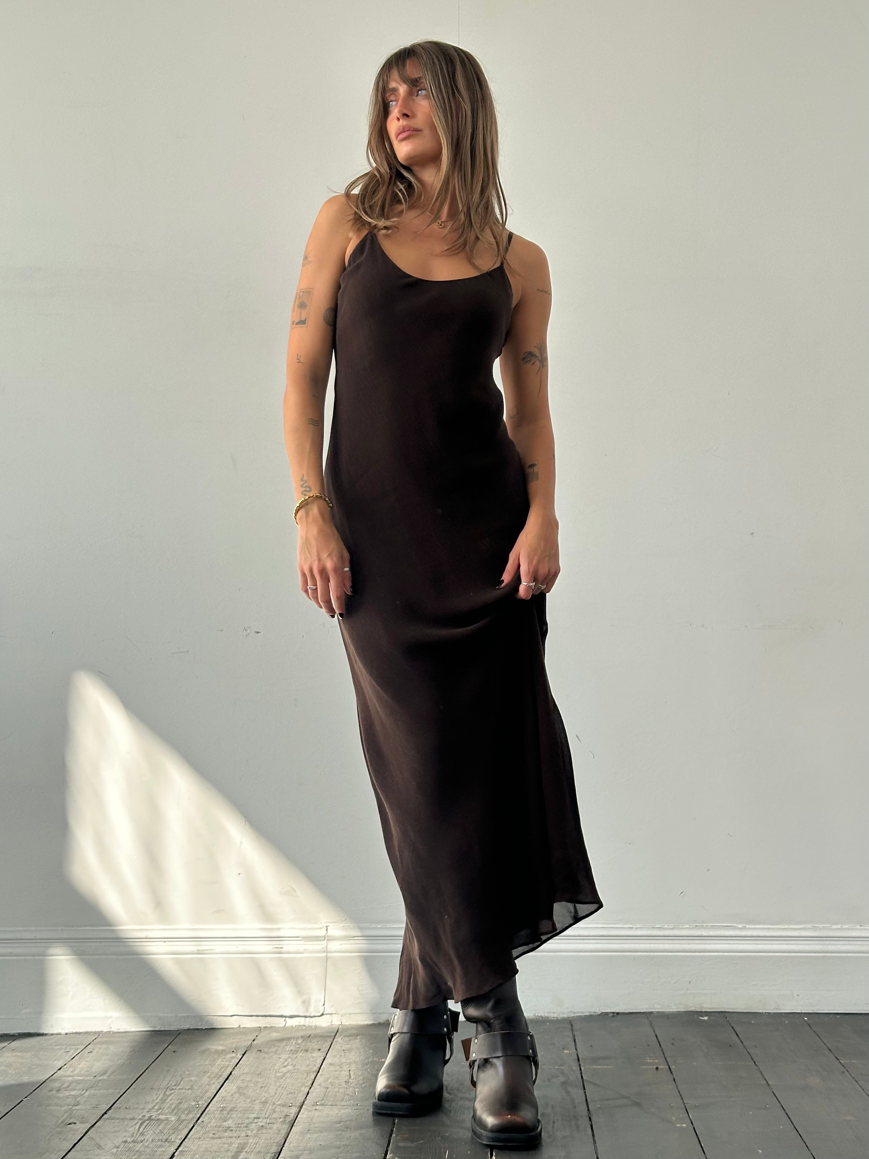 Jigsaw 1990s linen maxi slip dress in S/M with a flowing silhouette and classic 90s-inspired design, shown on a hanger.