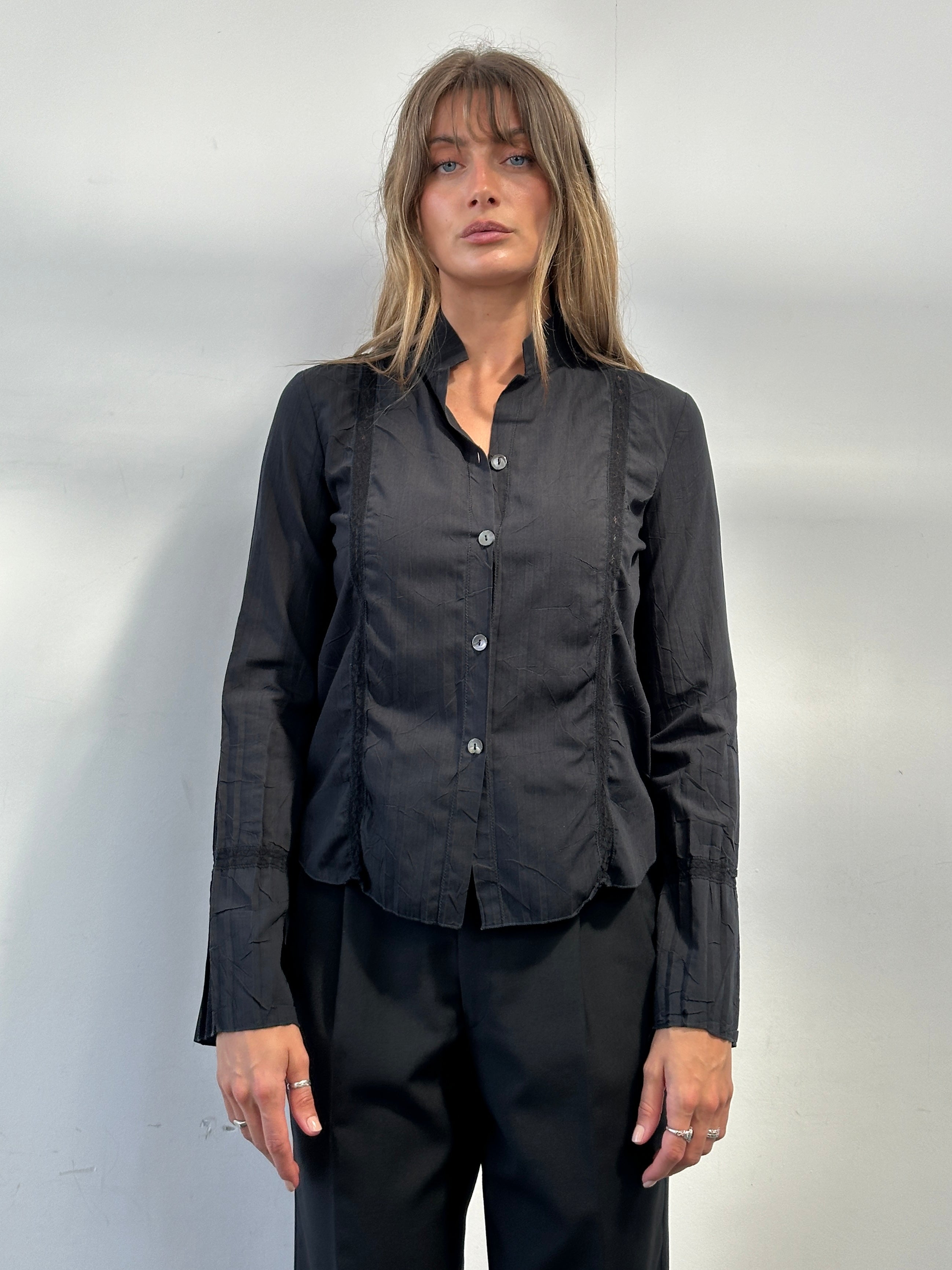 Armani Collezioni pleated lace panel shirt in size S, featuring a classic button-up design with elegant lace detail.
