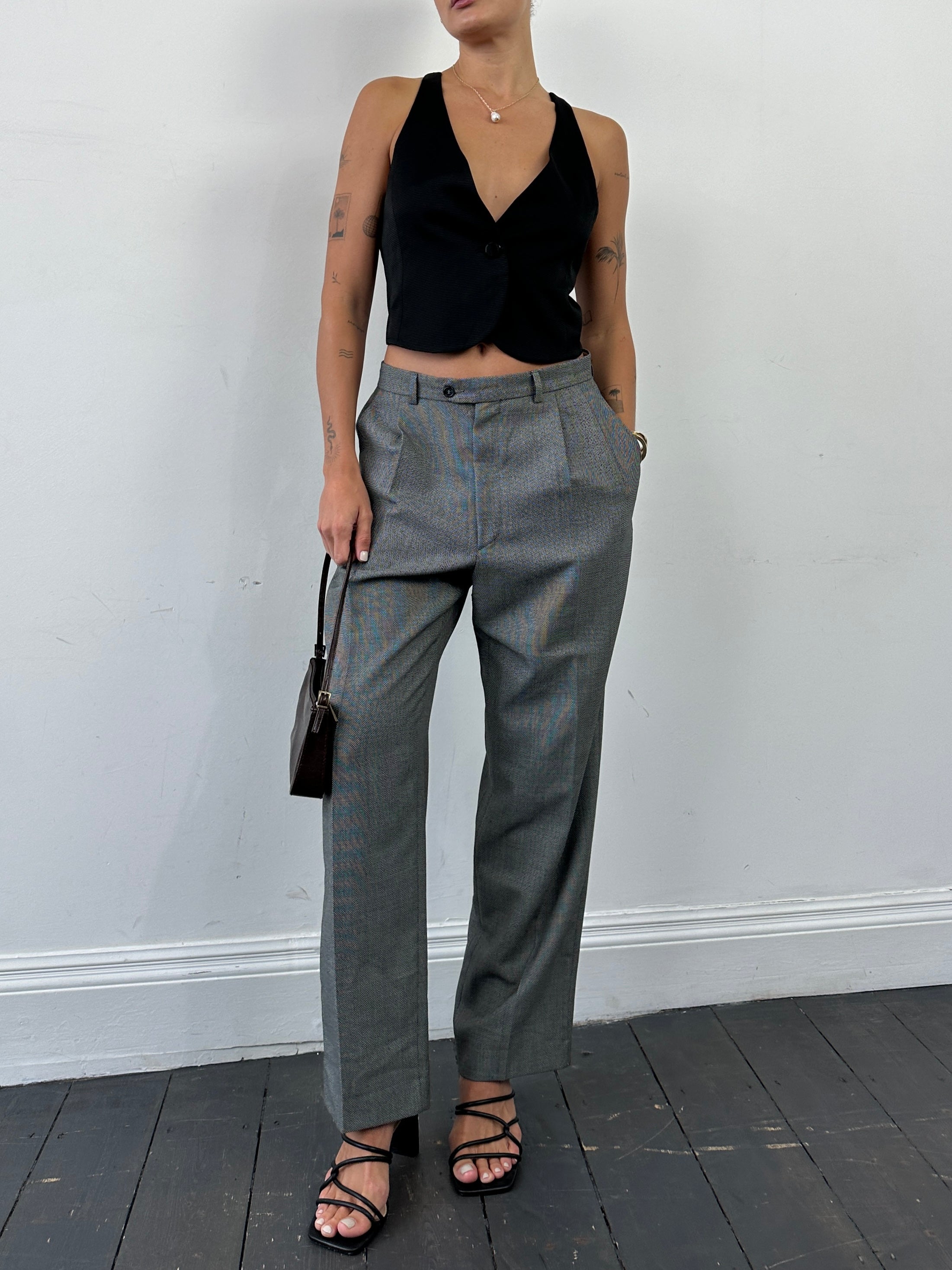 Yves Saint Laurent straight leg high waisted tailored trousers in dark fabric, W35, shown on a neutral background.