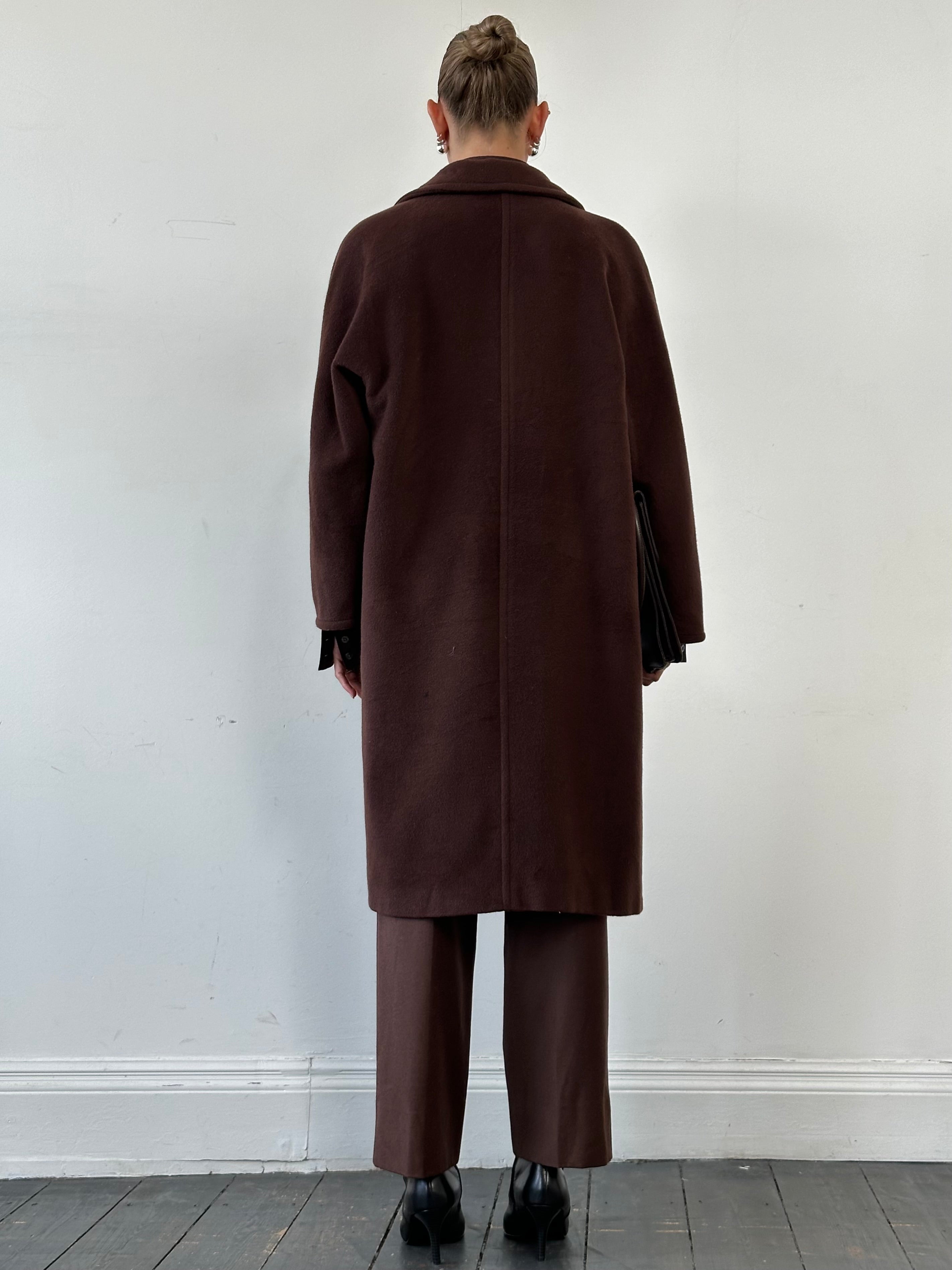 Marella wool cashmere double-breasted coat in size L, featuring classic lapels and tailored fit, displayed on a hanger.