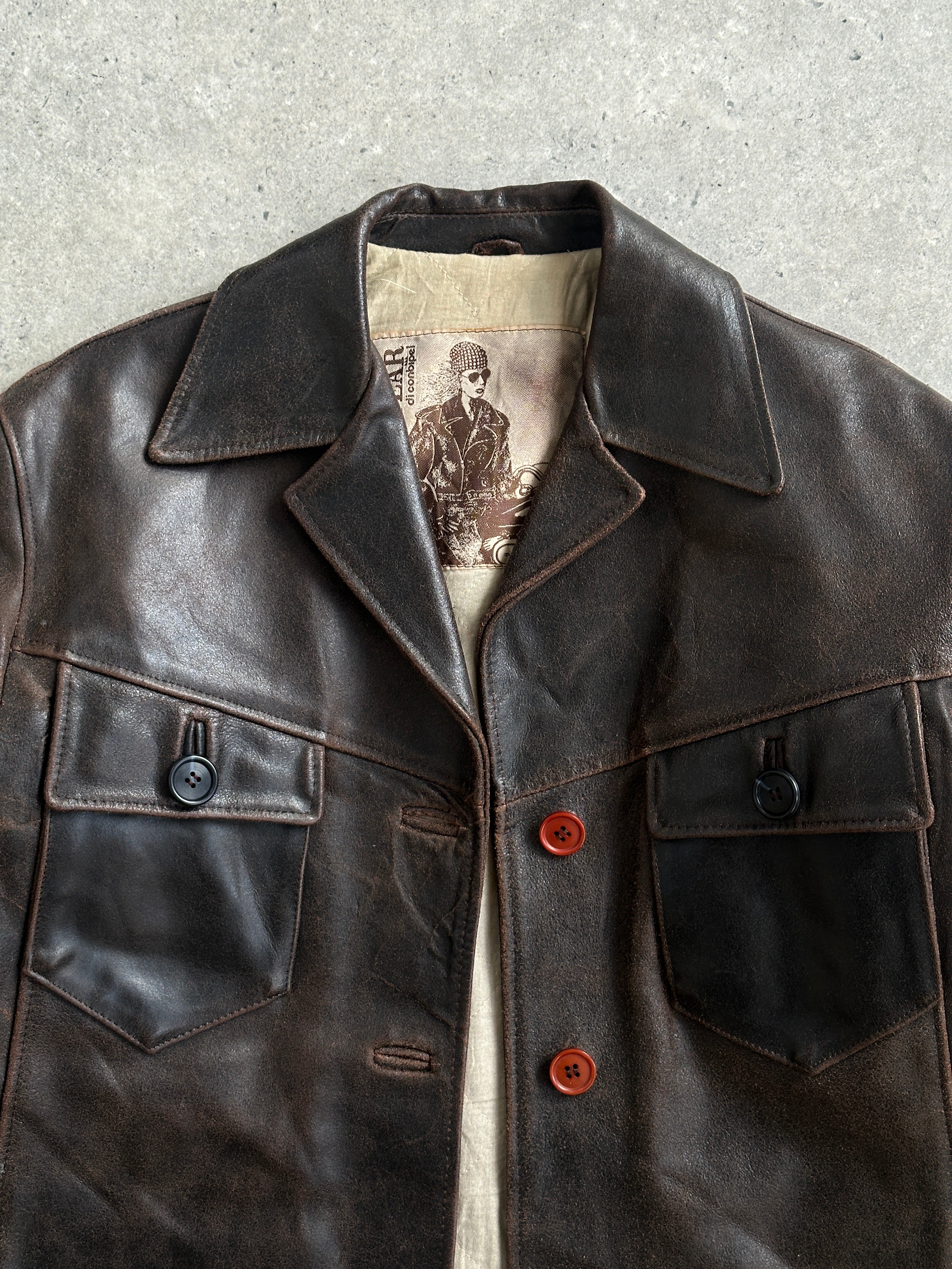 Conbipel 1970s Italian aged leather jacket in size M/L with classic design and rich brown color, front view showing collar and button details.