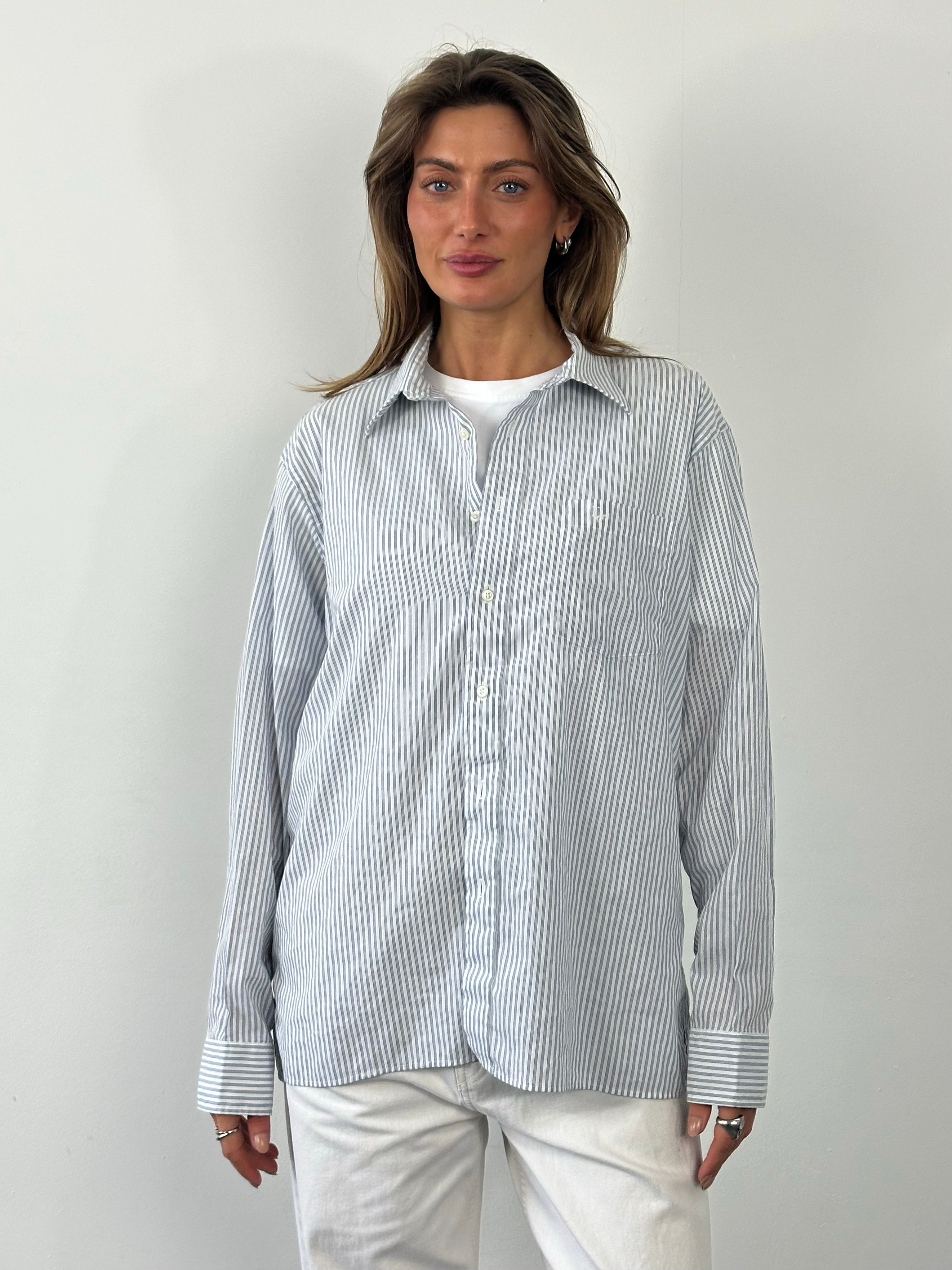 Christian Dior 1990s cotton striped logo shirt in size L, featuring classic design with bold vertical stripes and the Dior logo.