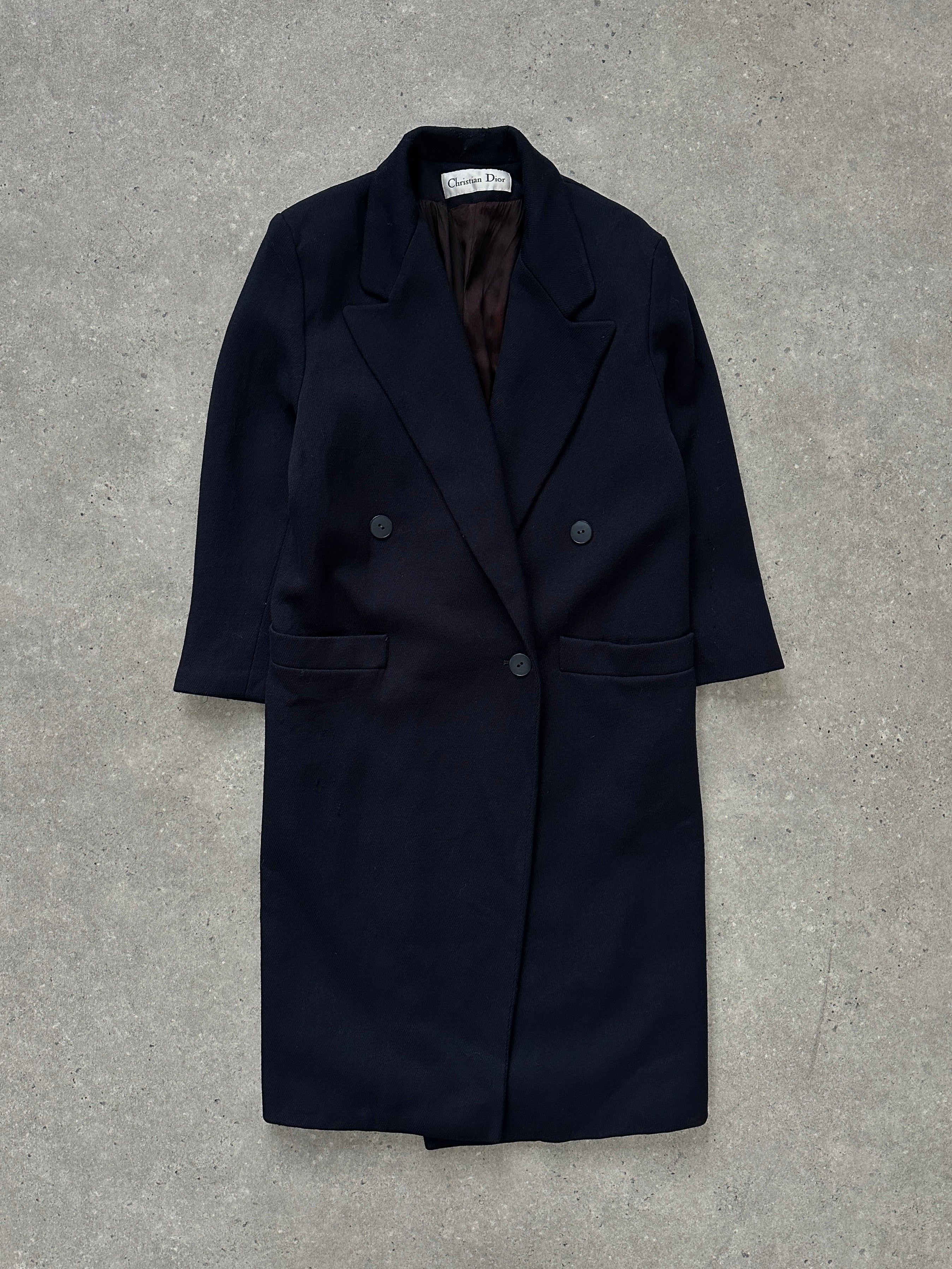 Christian Dior 1980s pure wool double-breasted coat in size S, stylish vintage coat with classic design and tailored fit.