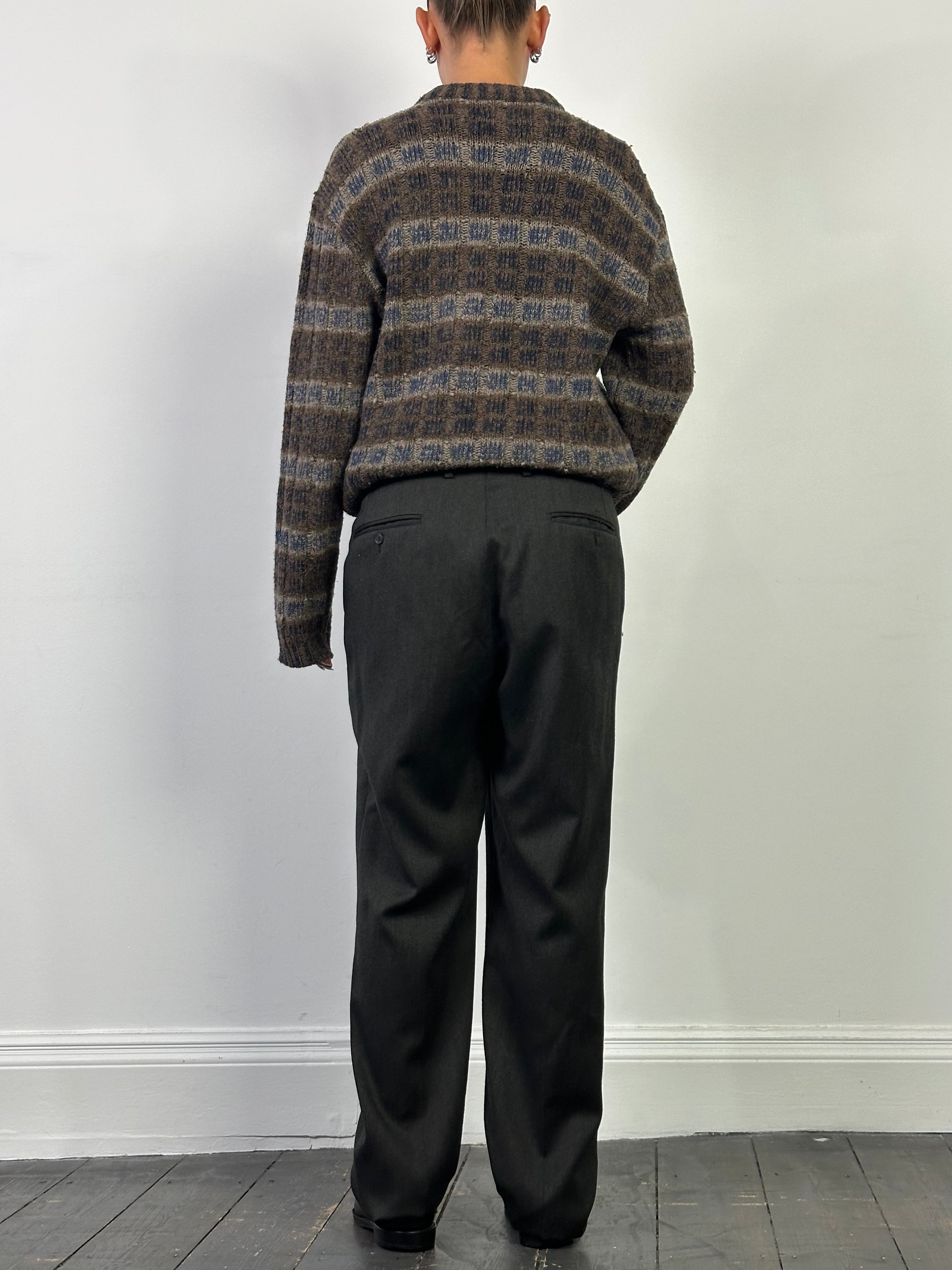 Vintage brushed wool straight leg tailored trousers in size W36, featuring a classic fit and neutral color.