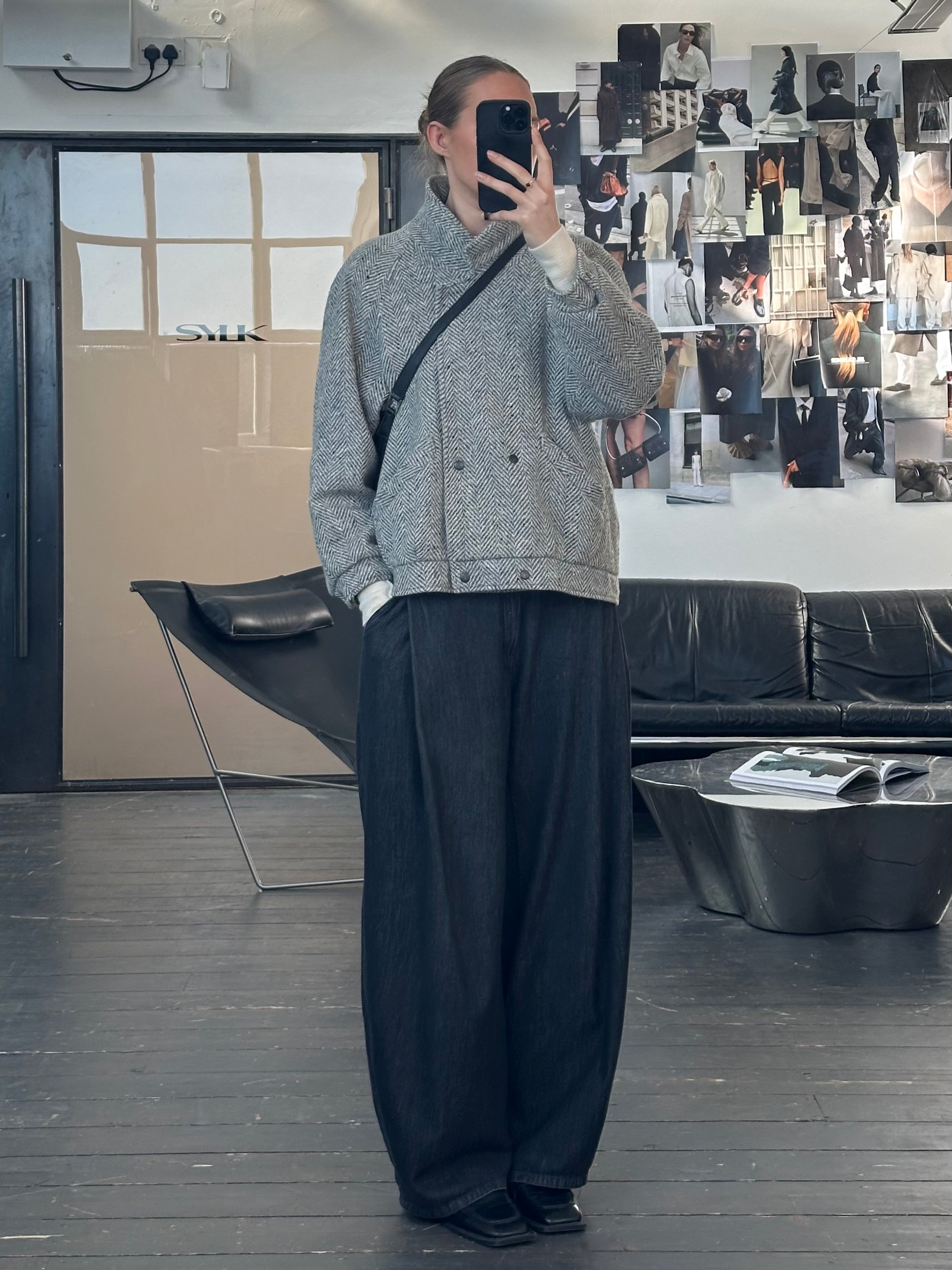 Vintage British 1980s pure wool herringbone bomber jacket in M/L size, featuring classic pattern and retro style.