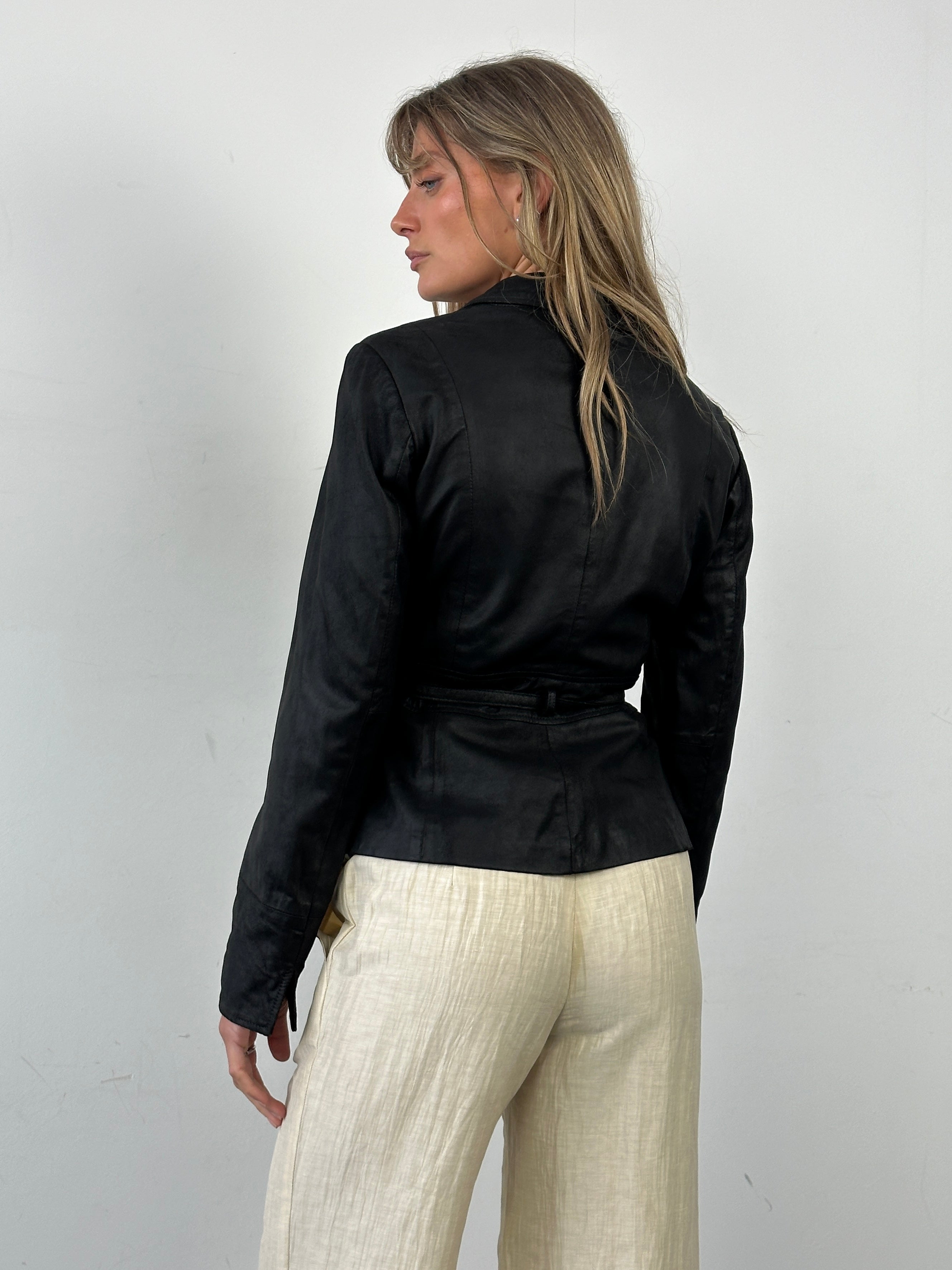 Conbipel nubuck leather lambskin tie waist jacket in black, showing front view with belt and collar detail.
