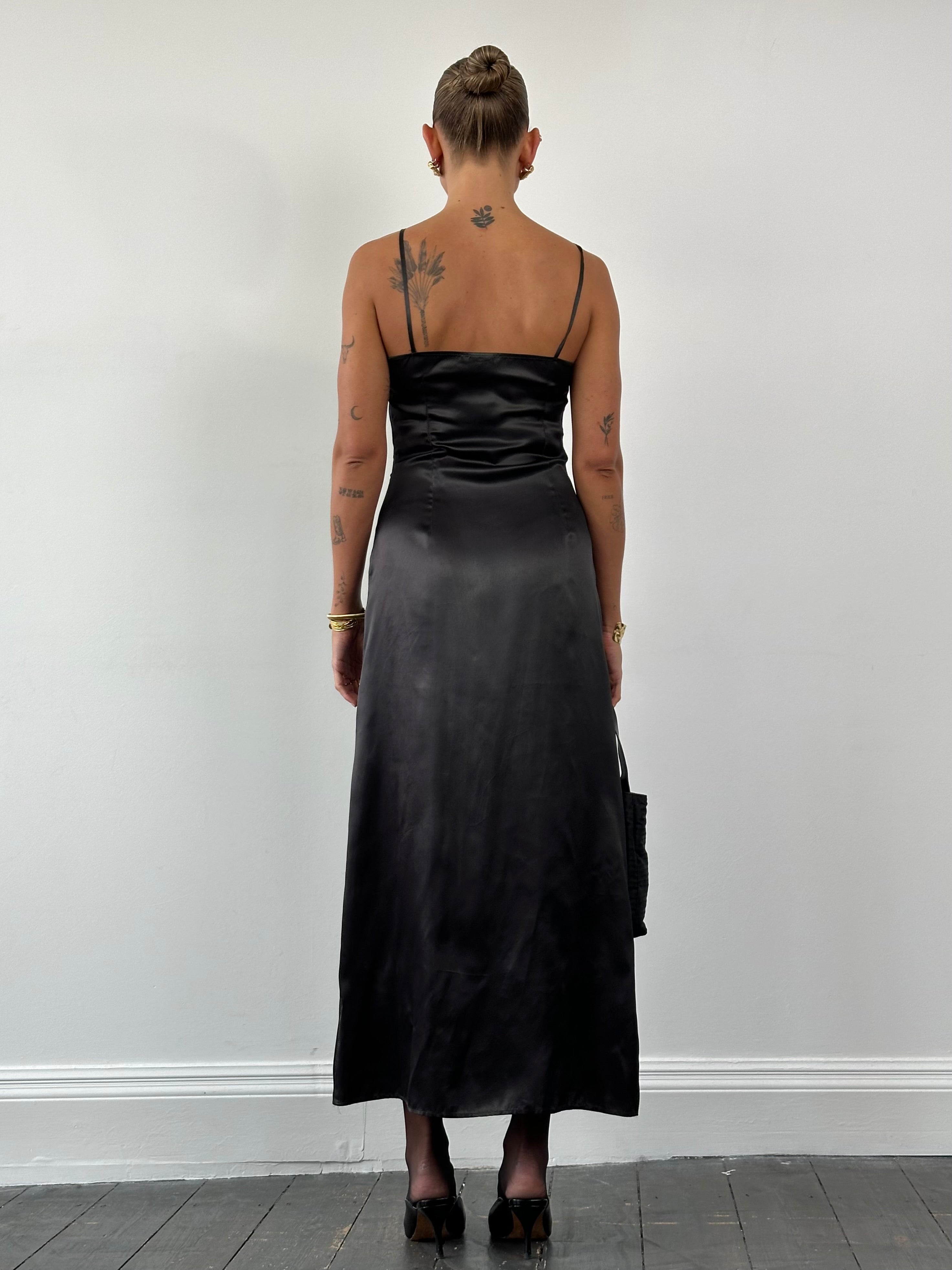 Moschino 1990s Cheap & Chic satin maxi dress in S/M with flowing fabric and elegant design, perfect for vintage fashion lovers.