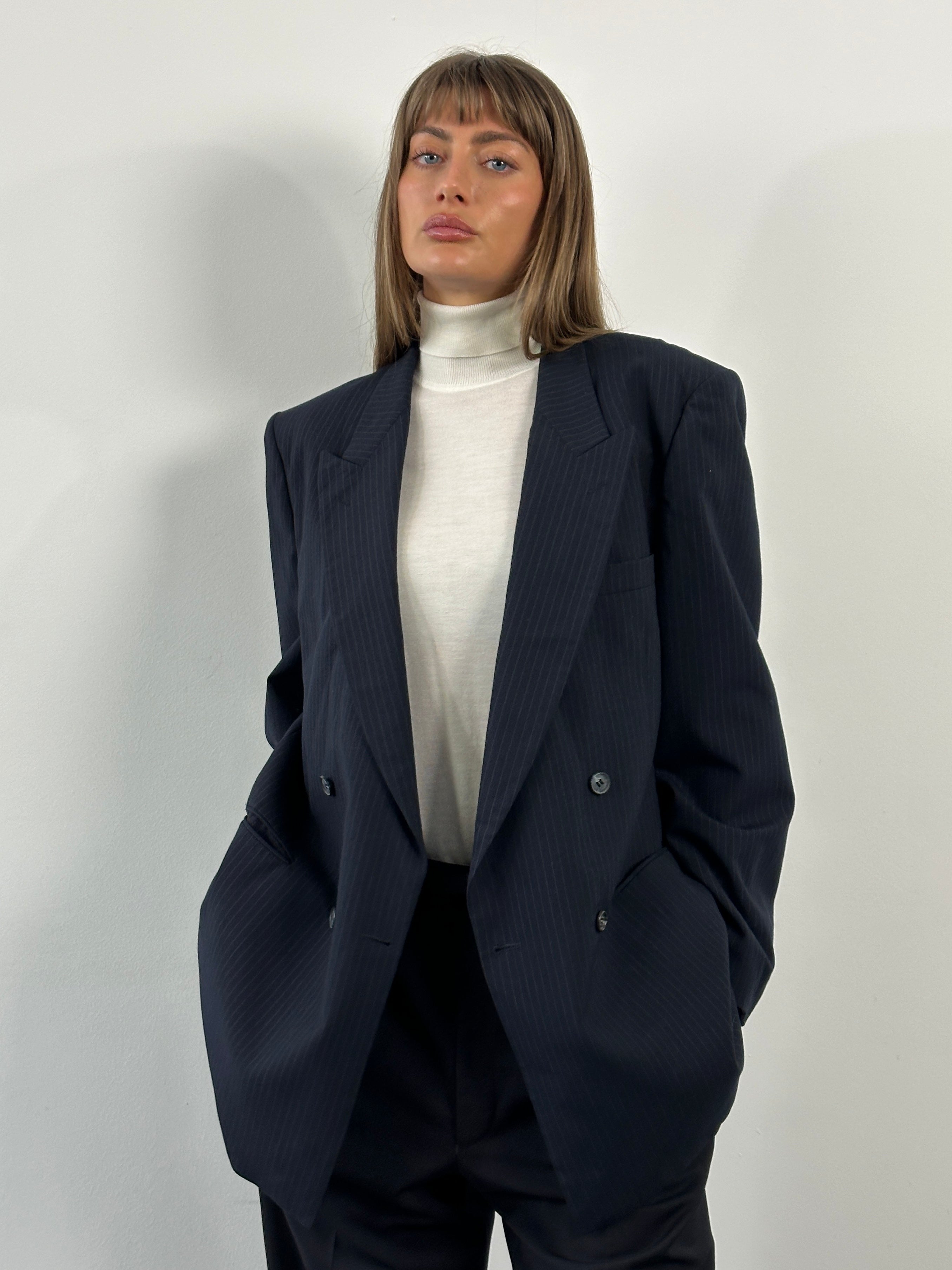 Yves Saint Laurent men's 1990s pure wool double-breasted blazer, size 42R/XL, in classic tailored style with peak lapels.