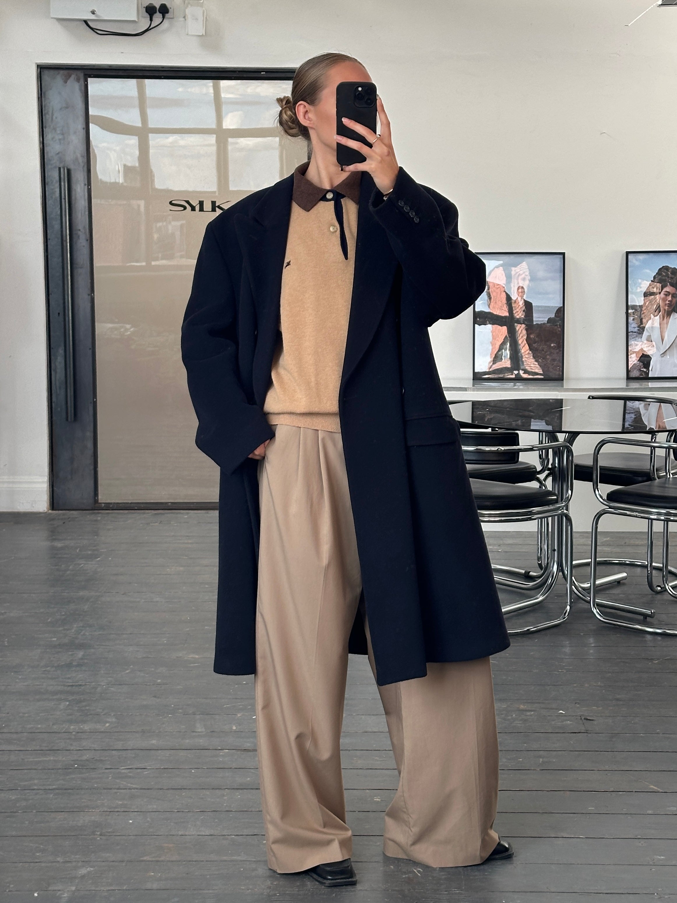 Vintage 1990s wool cashmere double-breasted coat in XXL, showing classic design and textured fabric.