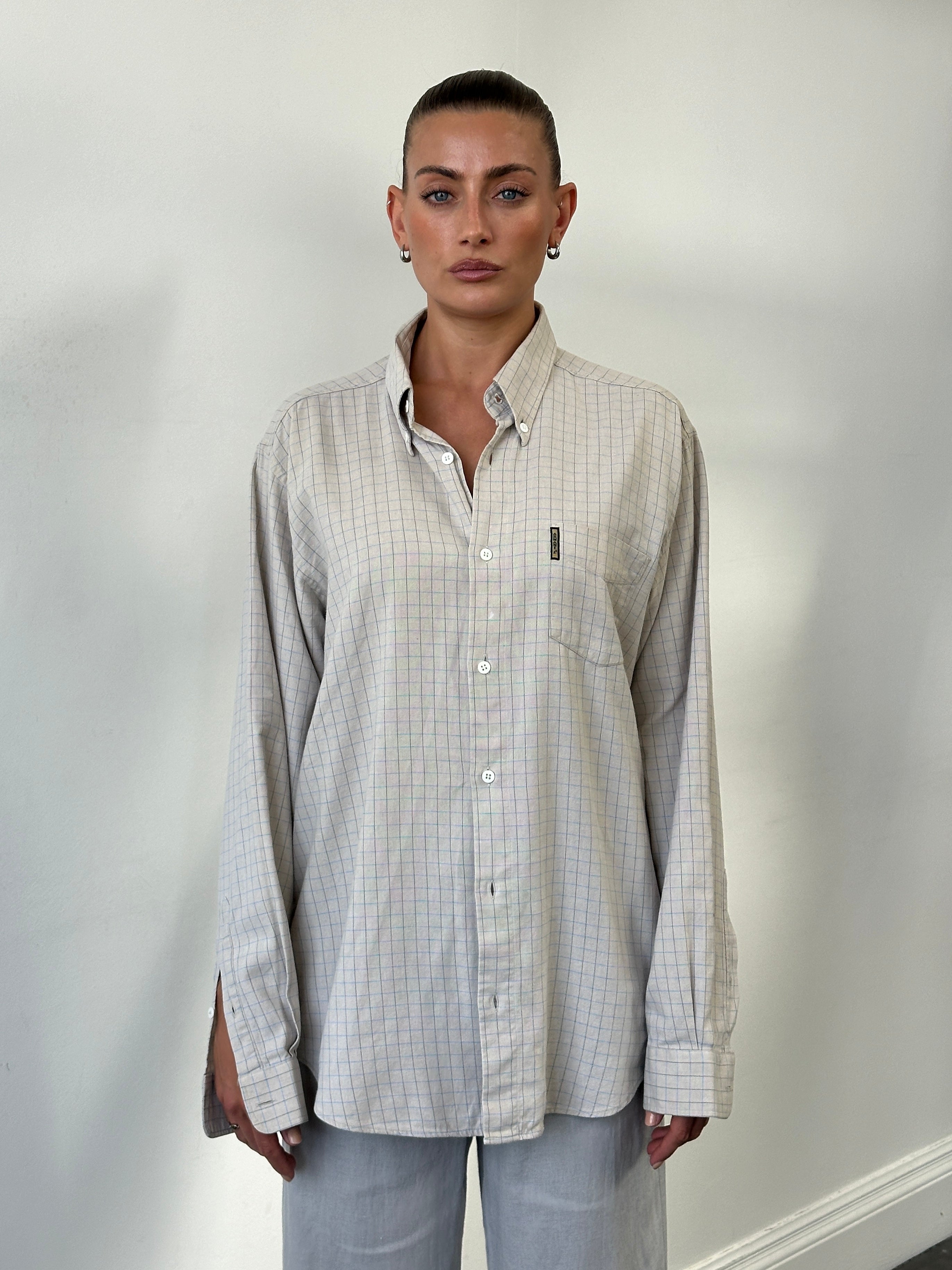 Armani Jeans check cotton logo shirt in size L/XL, featuring a classic pattern and brand logo on the front.