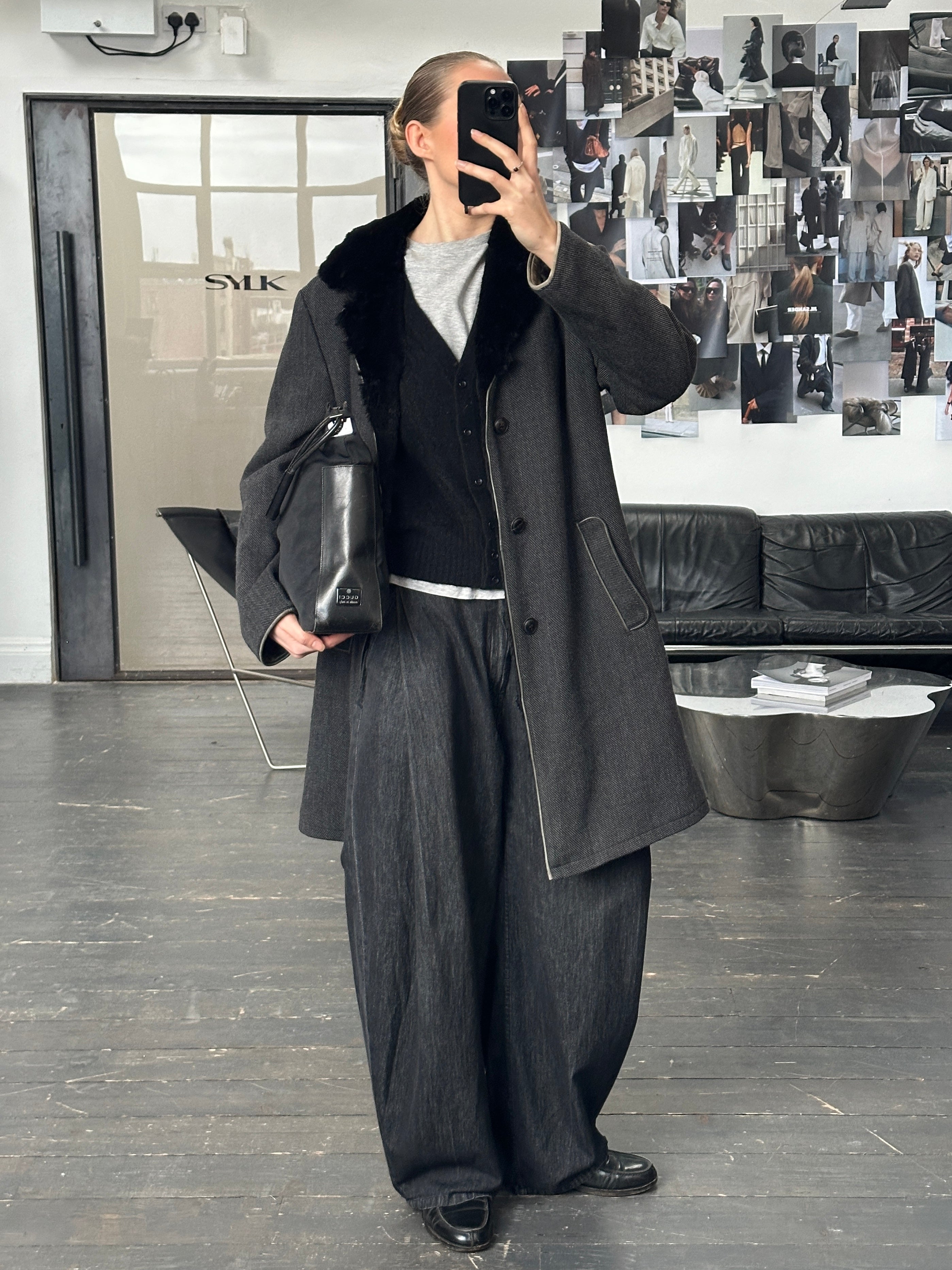 Armani Collezioni 2000s wool coat with fur collar, long sleeve, size L, classic tailored design, in neutral color.
