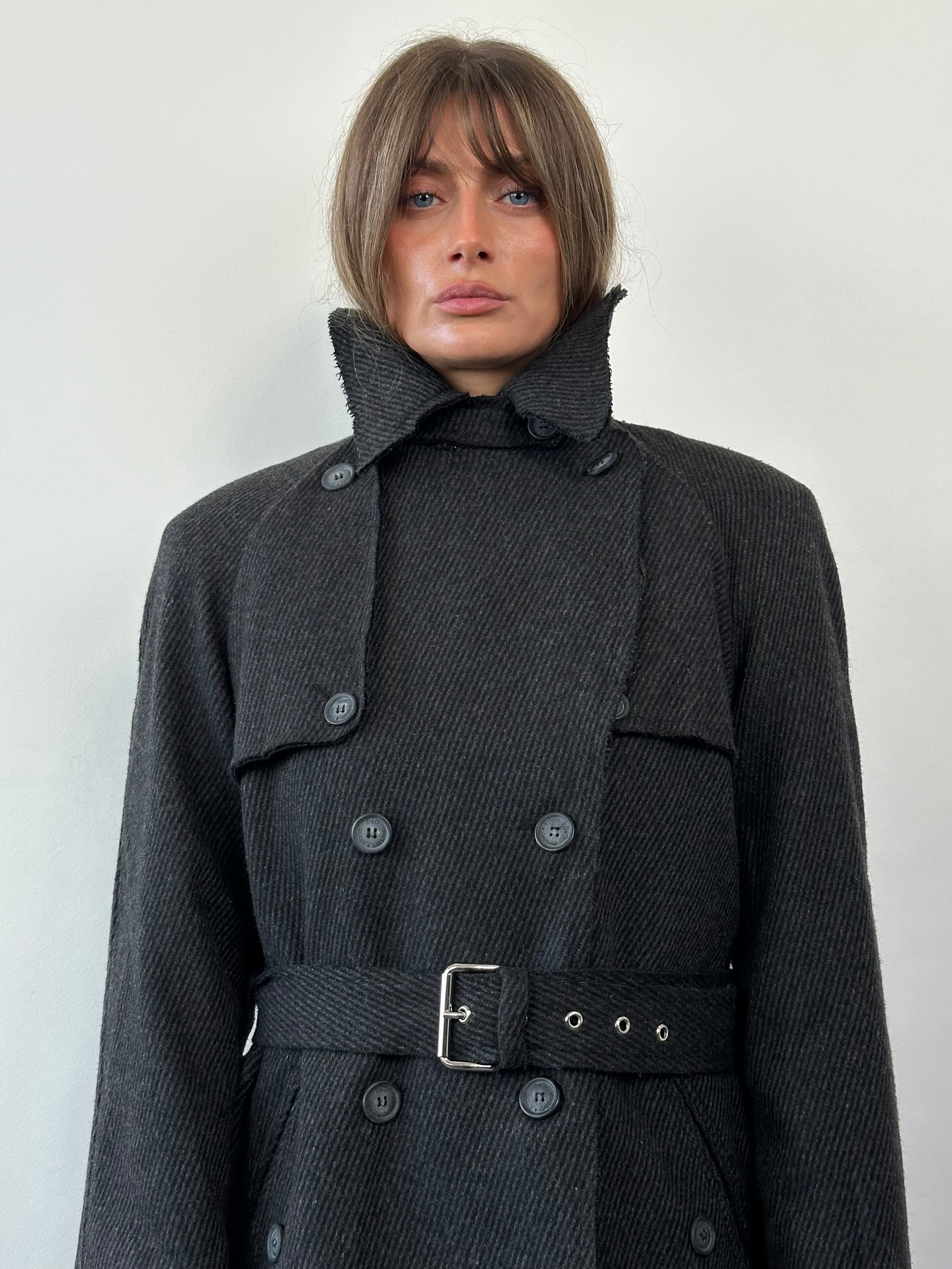 Dolce & Gabbana 2000s wool double-breasted belted coat in size L, featuring a classic tailored design and neutral color.