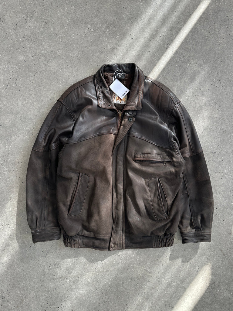Vintage Aged Leather Bomber Jacket - L - SYLK