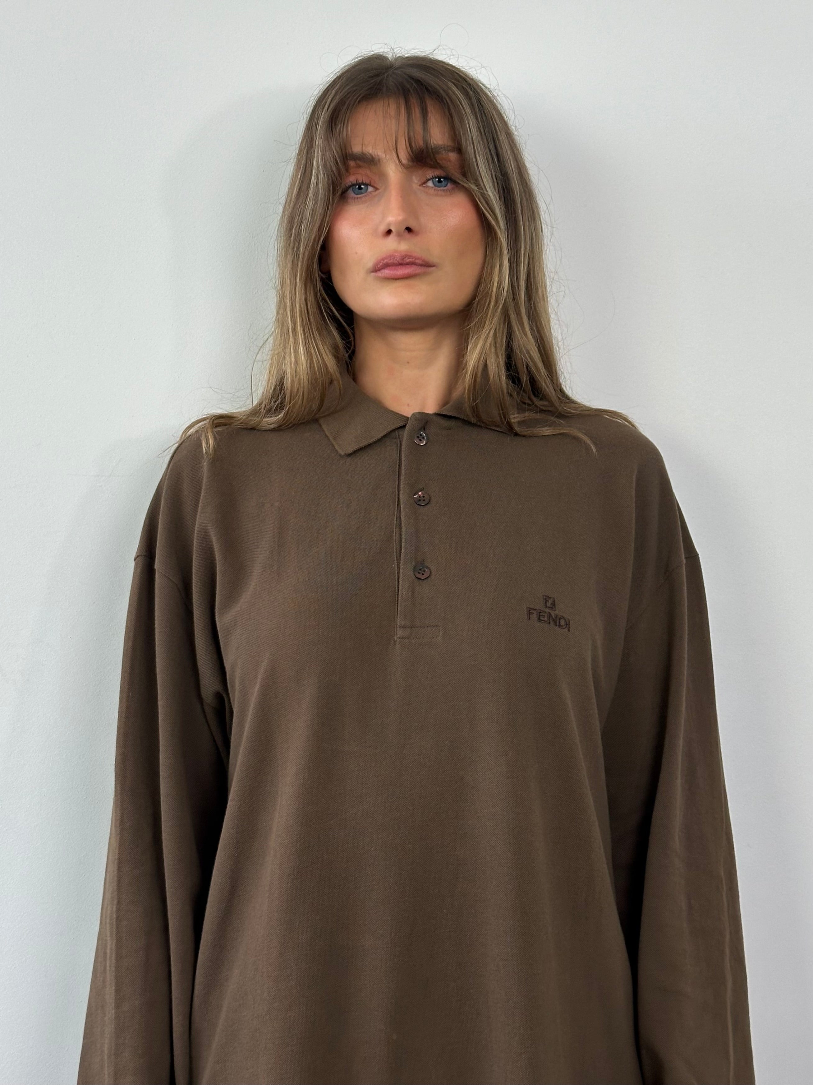 Fendi cotton logo polo jumper in size L/XL, featuring a classic polo collar and Fendi branding on the chest.