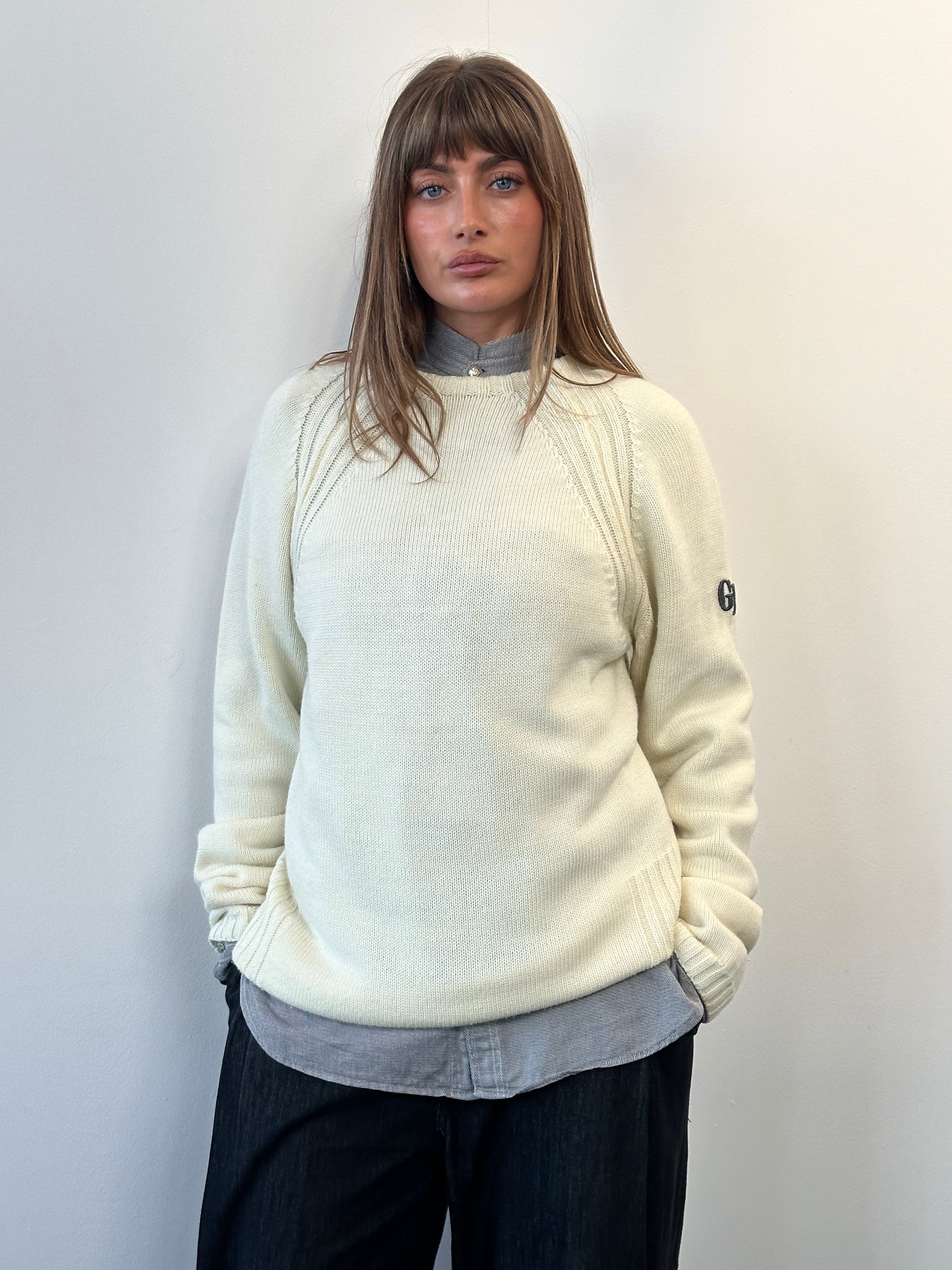 Gianfranco Ferre 2000s men's pure cotton knitted jumper in size L/XL, featuring a classic crew neck and textured knit pattern.