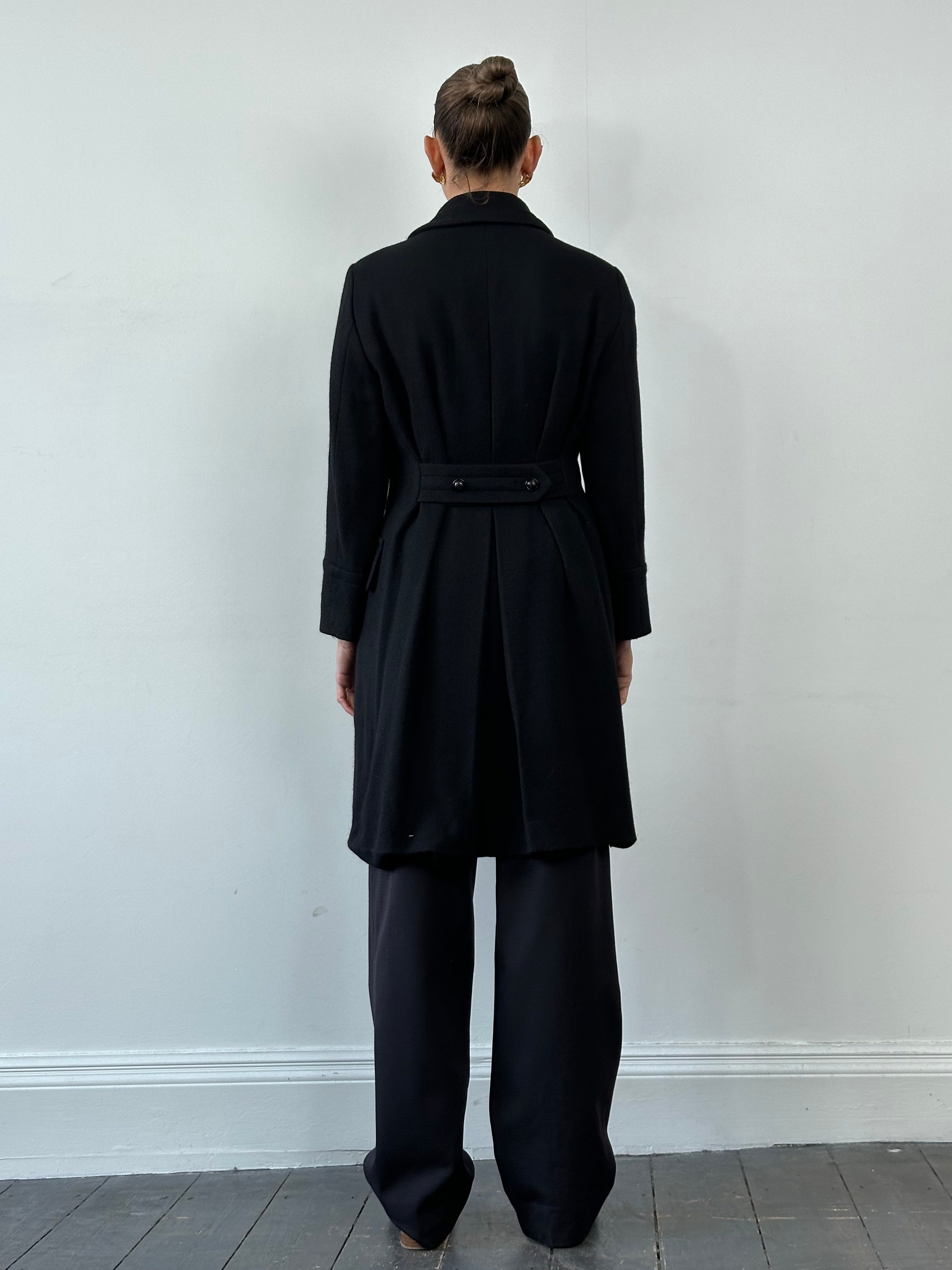 Moschino Cheap & Chic double-breasted coat in size M, shown in a stylish image featuring its tailored design and classic silhouette.