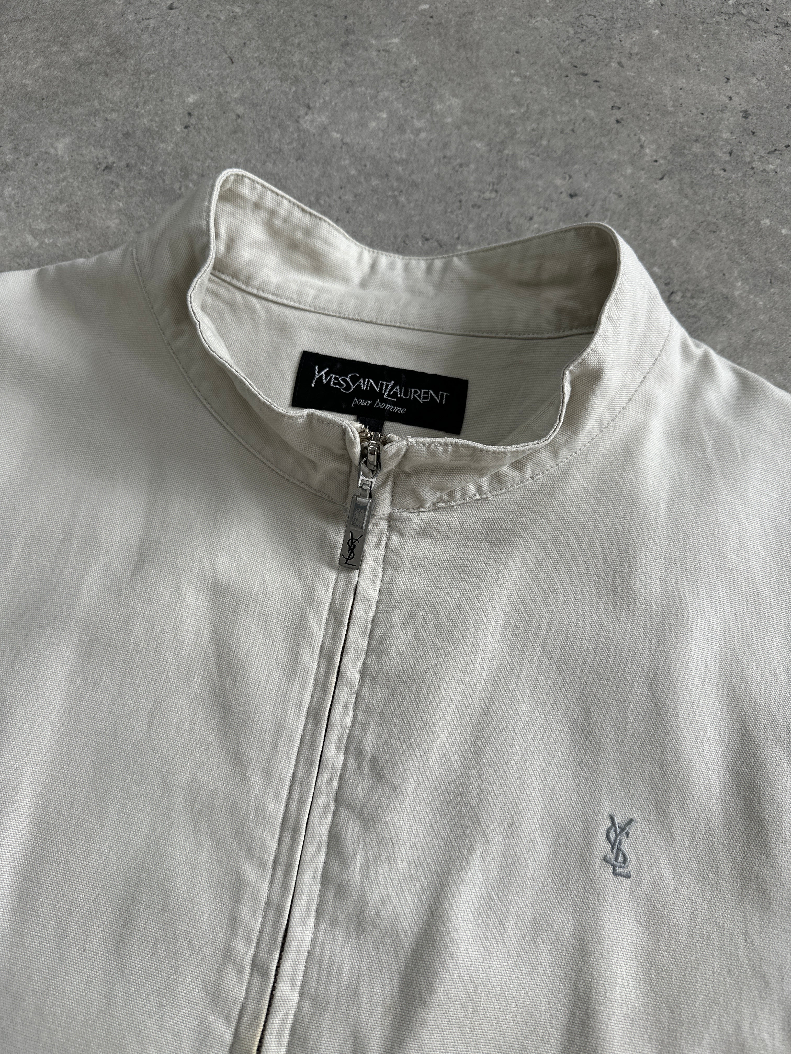 Yves Saint Laurent Pour Homme pure cotton bomber jacket with double zip and logo, shown in size XL with stylish design.