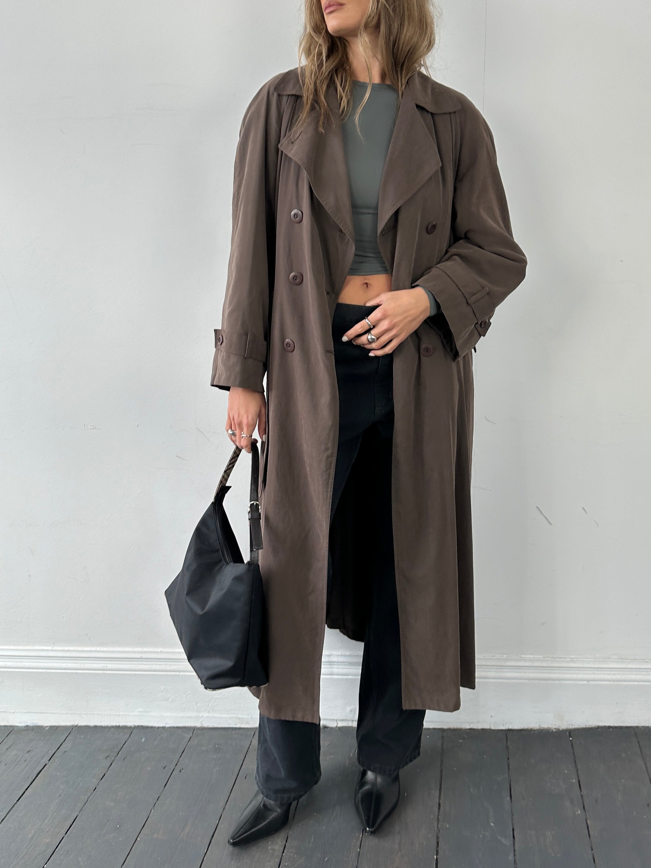 Marella double-breasted belted soft touch trench coat in beige, showing front view with collar and waist belt.