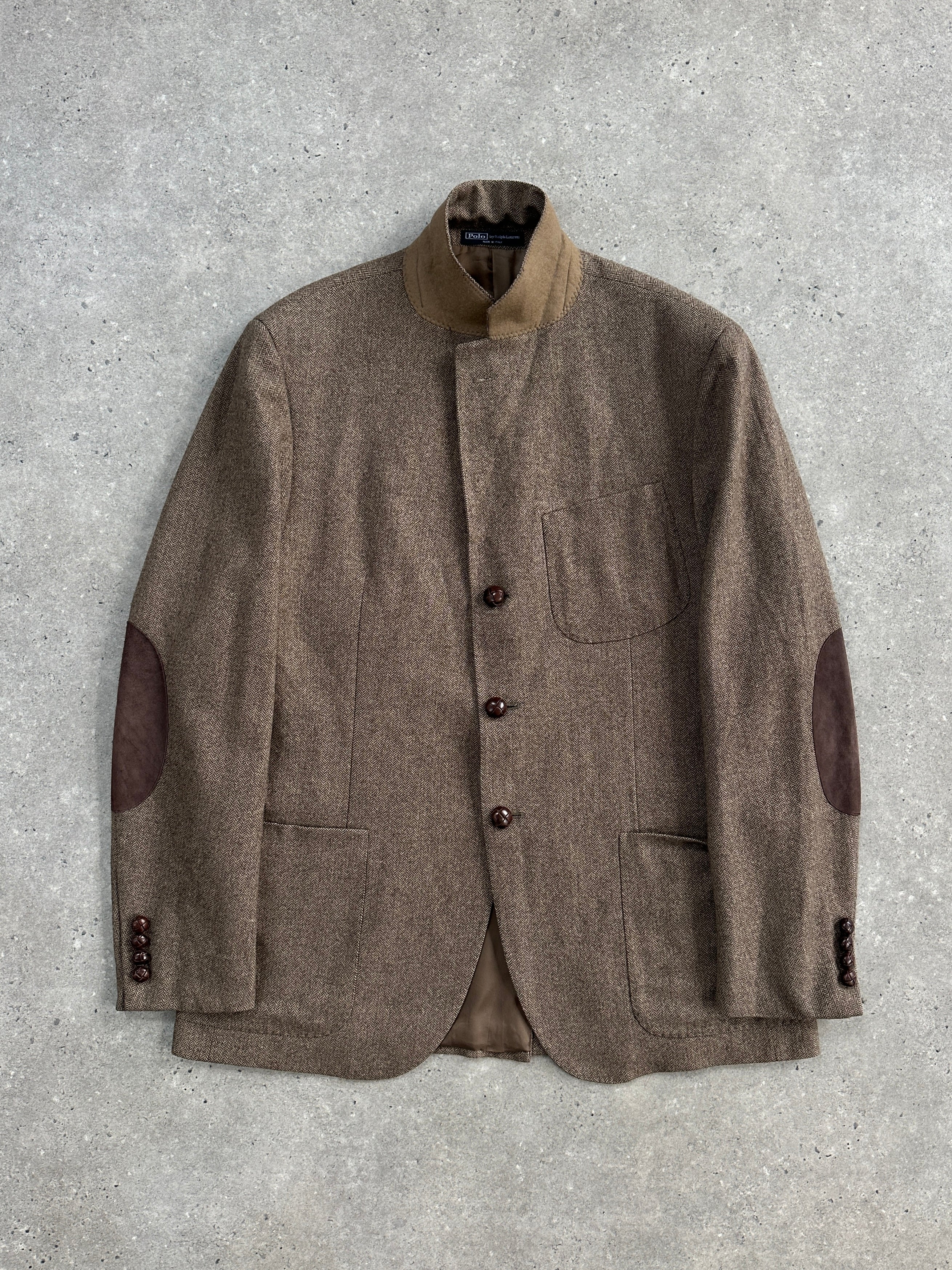 Ralph Lauren Polo 2010s pure wool herringbone blazer in size 44R/XL, tailored fit with classic herringbone pattern and notch lapel.
