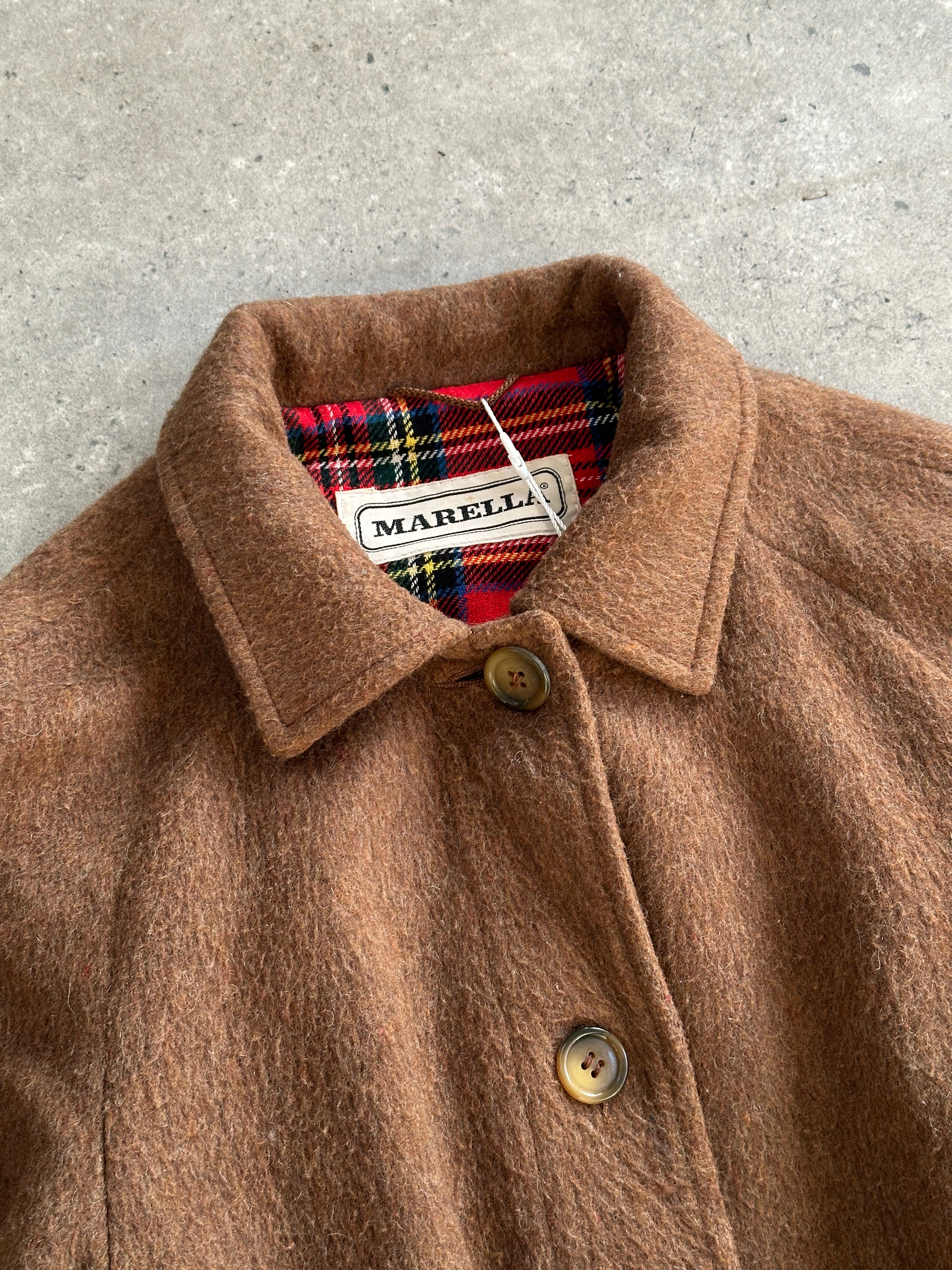 Marella 90s brushed wool single-breasted belted coat in beige, featuring a classic collar and front buttons.